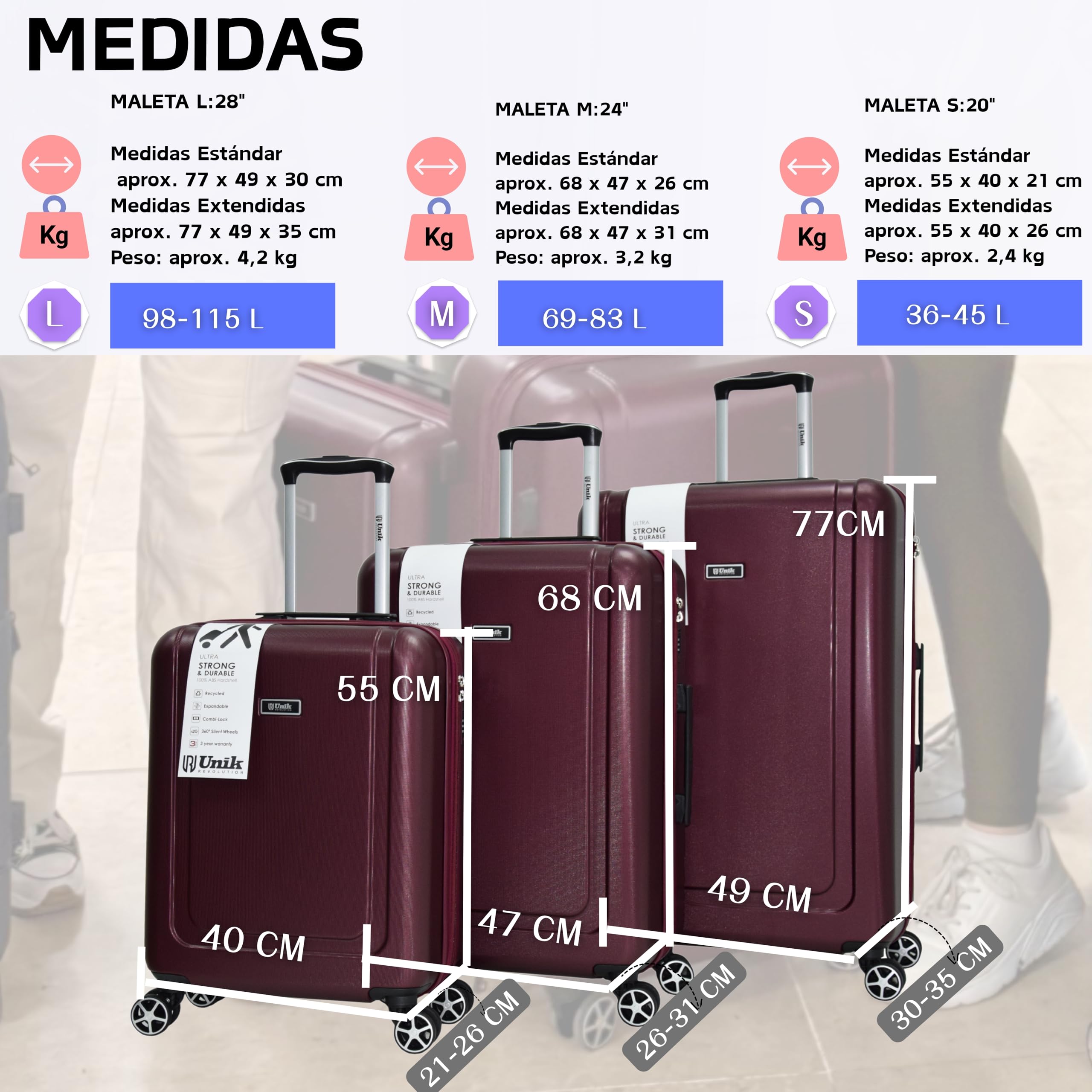 Maleta de Viaje Grande 77cm 28" Expandible – Rígida ABS Ecológica, 4 Ruedas Dobles 360°, Ligera y Resistente, Cerradura de 3 Dígitos Integrada, Interior con Forro de Poliéster – Burdeos- Unik