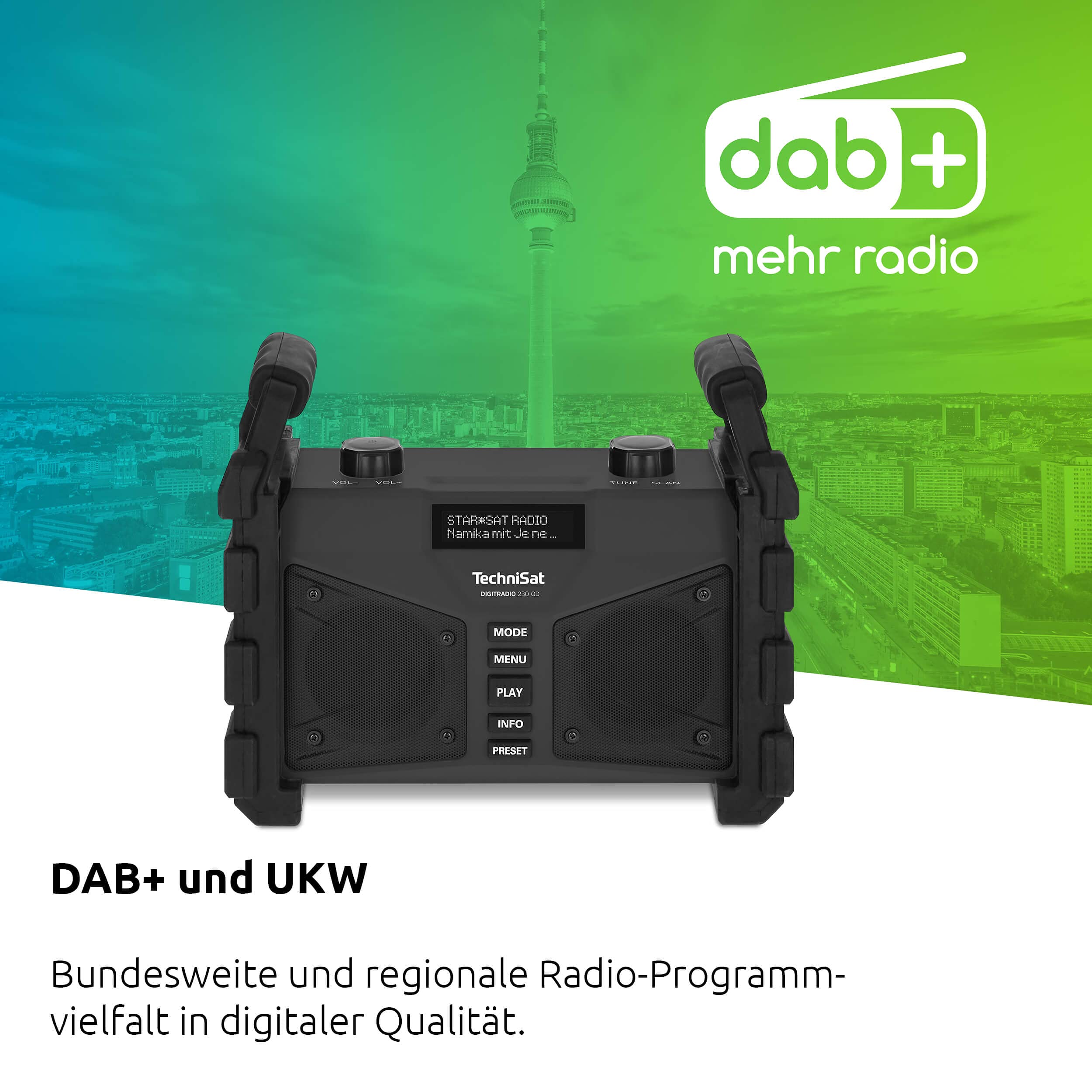 TechniSat DIGITRADIO 230 OD - DAB+ Baustellenradio (DAB+, DAB, UKW, USB, AUX in, Bluetooth, leistungsstarker Akku, Favoritenspeicher, 2 x 6 Watt Stereo-Lautsprecher) schwarz
