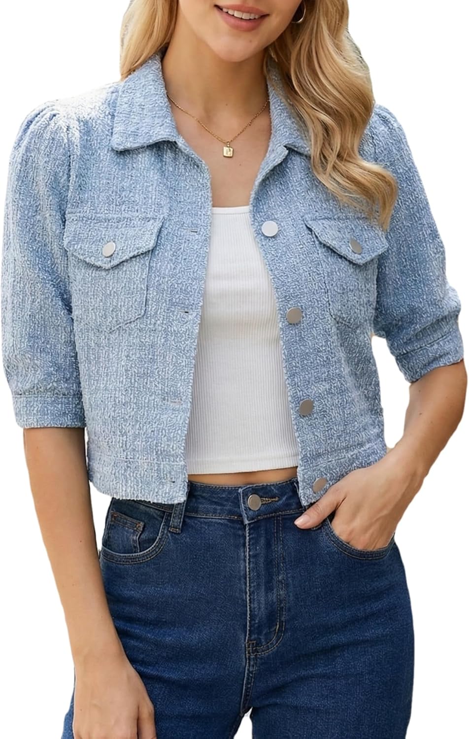 Allegra K Denim Jacket for Women Puff Sleeve Button Down Textured Cropped Jean Jackets with Pockets