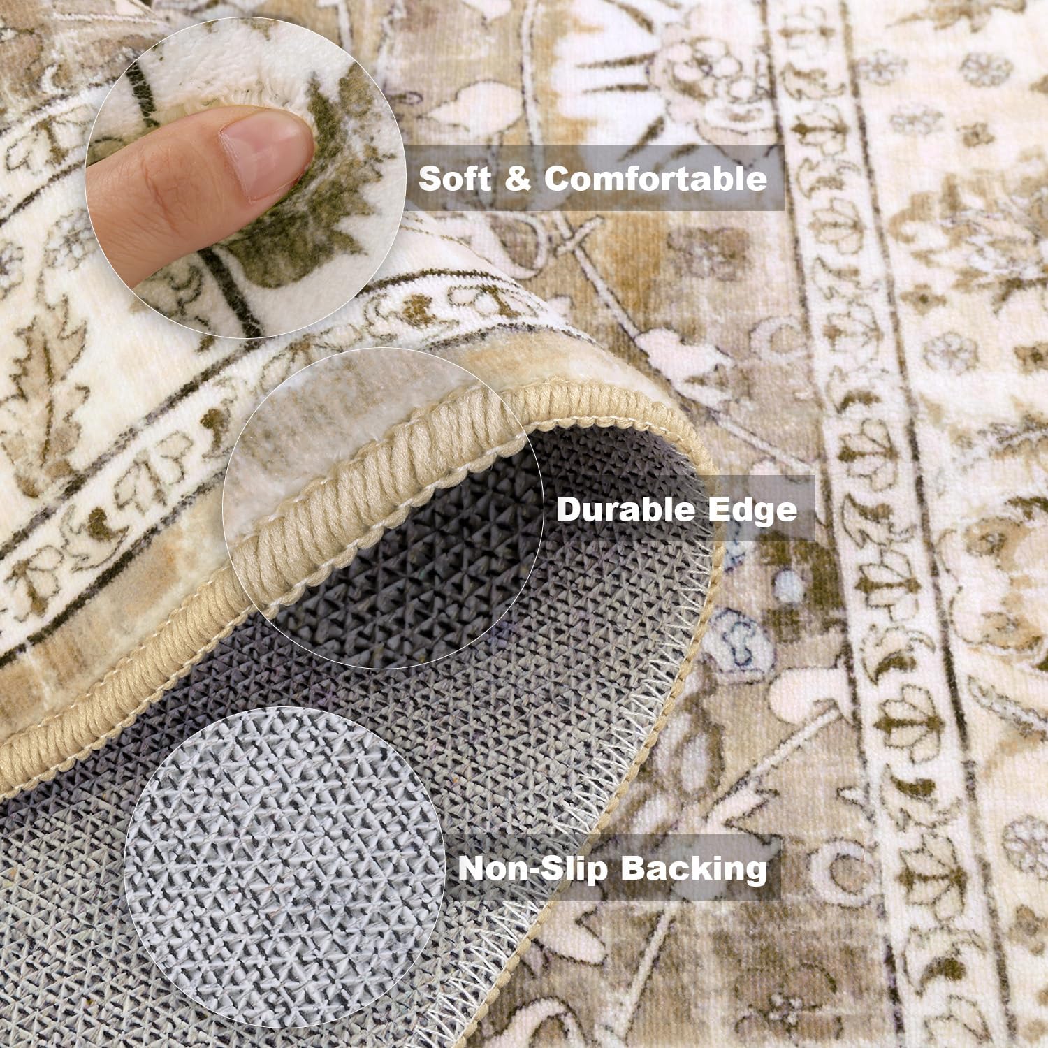 LOKHOM Washable Runner Rug, 2x8 Non-Slip Vintage Hallway Runner Rug with Rubber Backing, Boho Floral Soft Faux Wool Kitchen Rug Carpet Runner for Laundry Entryway Bedroom (Beige Brown) - Image 5