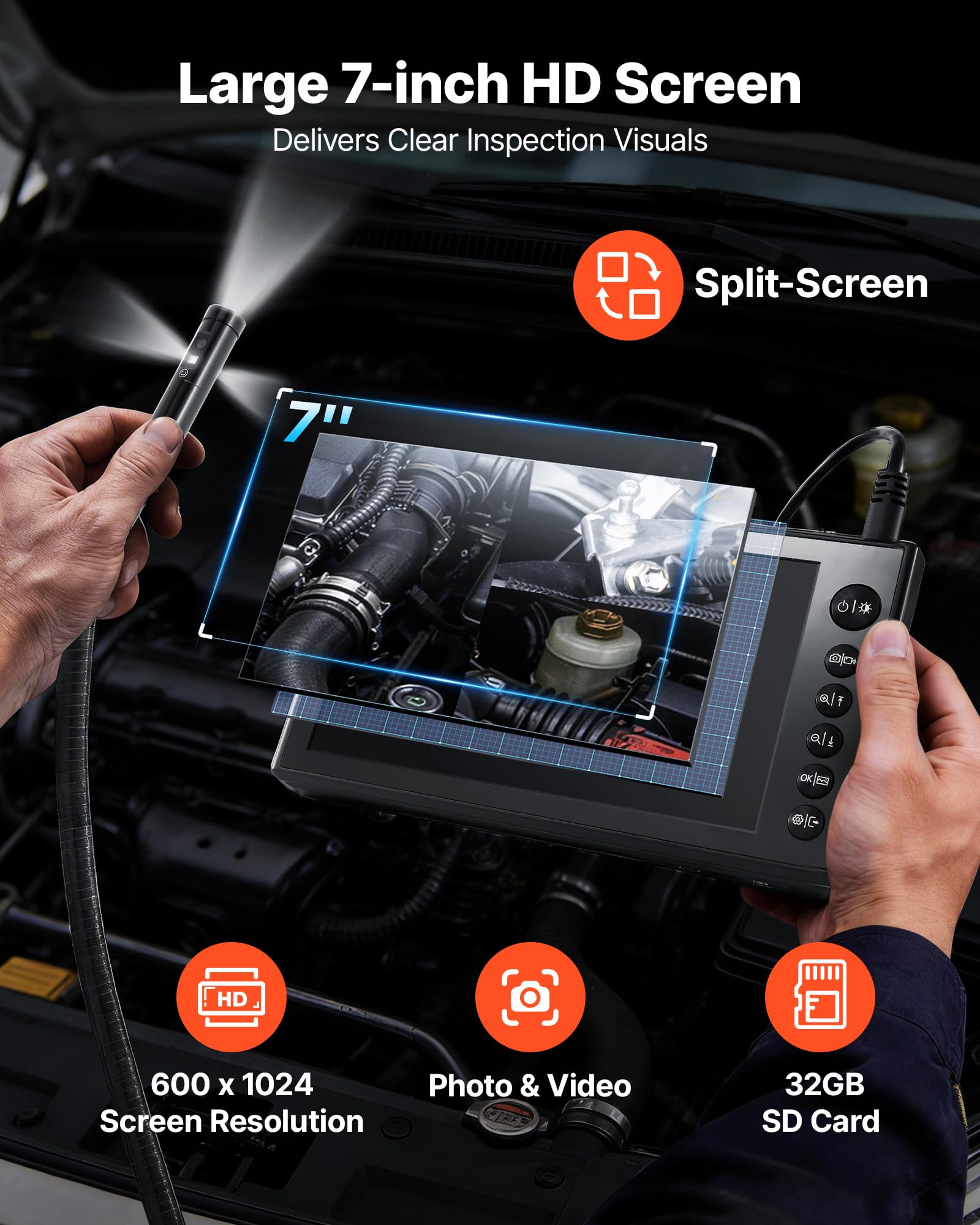 VEVOR Endoscopio de Triple Cámara con Pantalla IPS, Cámara de Inspección con Pantalla Dividida, Sonda de 8 mm, Cable de 3 m y 5 m, Batería 5000 mAh, Luces LED, 32 GB, para Motores, HVAC y Tuberías