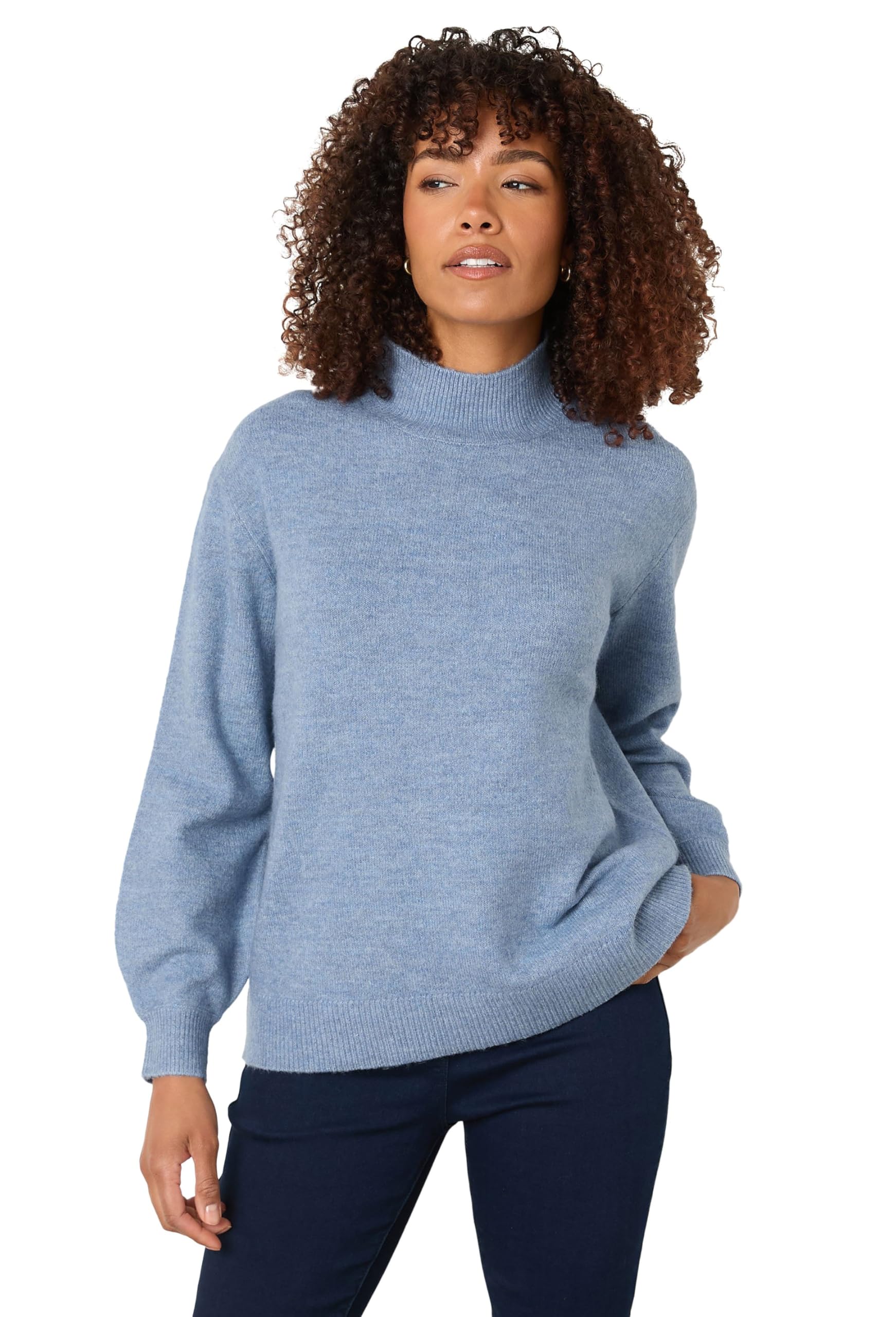 M&Co Women's Funnel Neck Puff Sleeve Jumper Blue