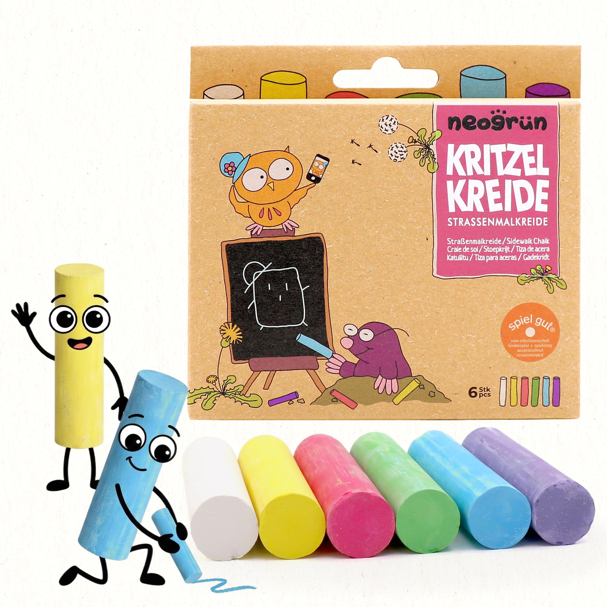 neogrün KRITZELKREIDE – Bunte Straßenmalkreide, 6 Farben, vegan & staubarm