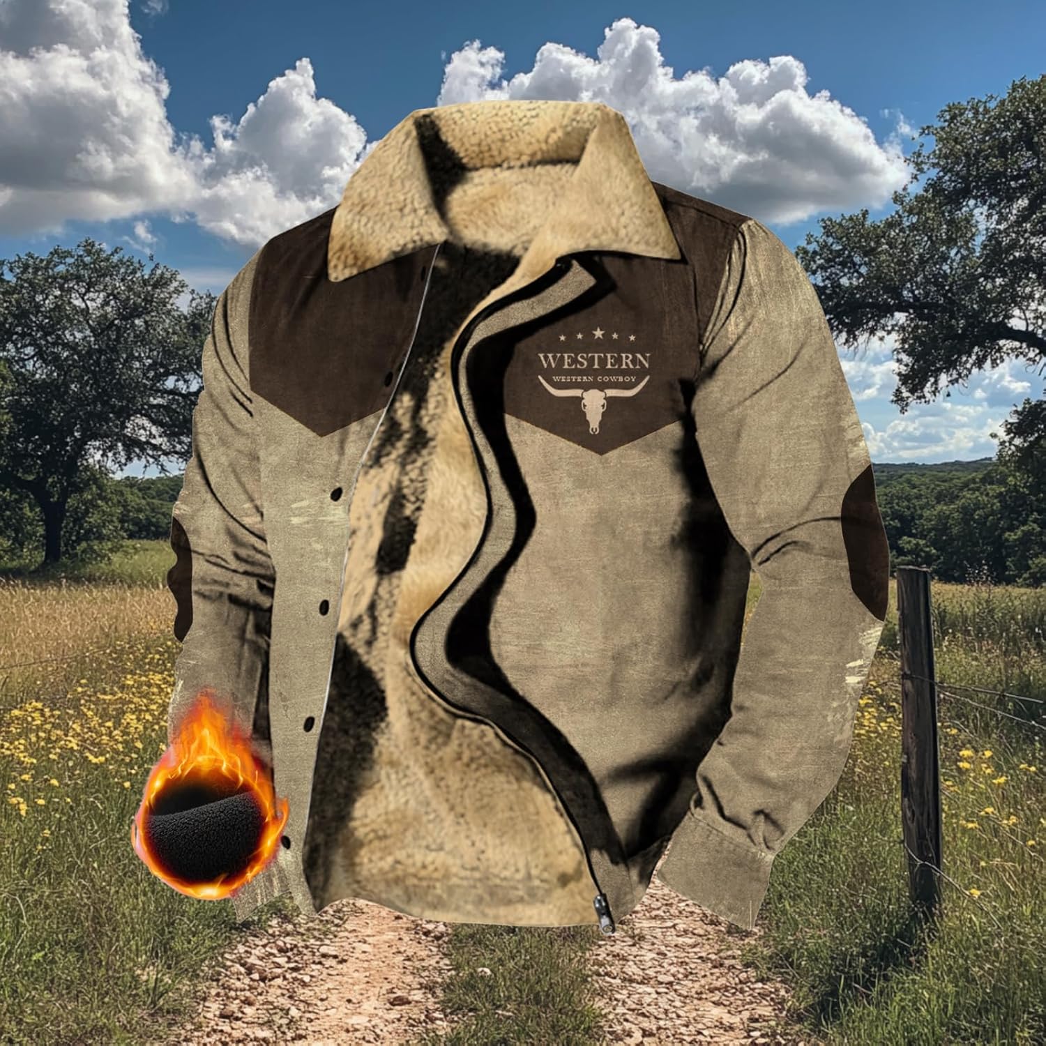 Western Cowboy Ethnic Jackets for Men Longhorns Graphic Fleece Zip Up Trucker Jackets Heavyweight Work Coat - Image 2