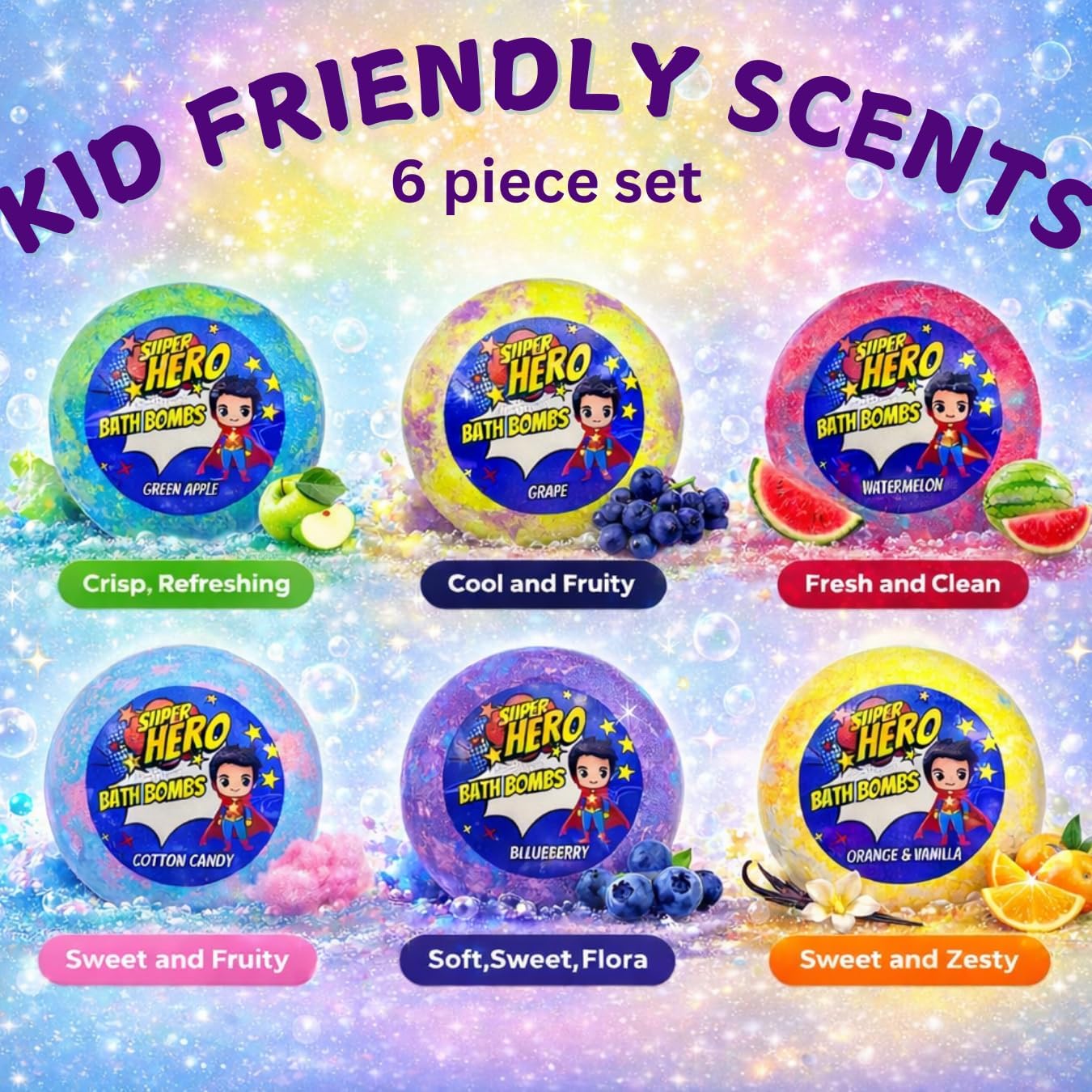 EvolutionUSA 6 Purple Epic Superhero Bath Bombs for Kids – Childrens Super Hero Bath Bombs Toy, Organic Bathbomb with Surprise, Superhero Bath Fizzers, Lush Bathbombs Birthday, Christmas, Easter