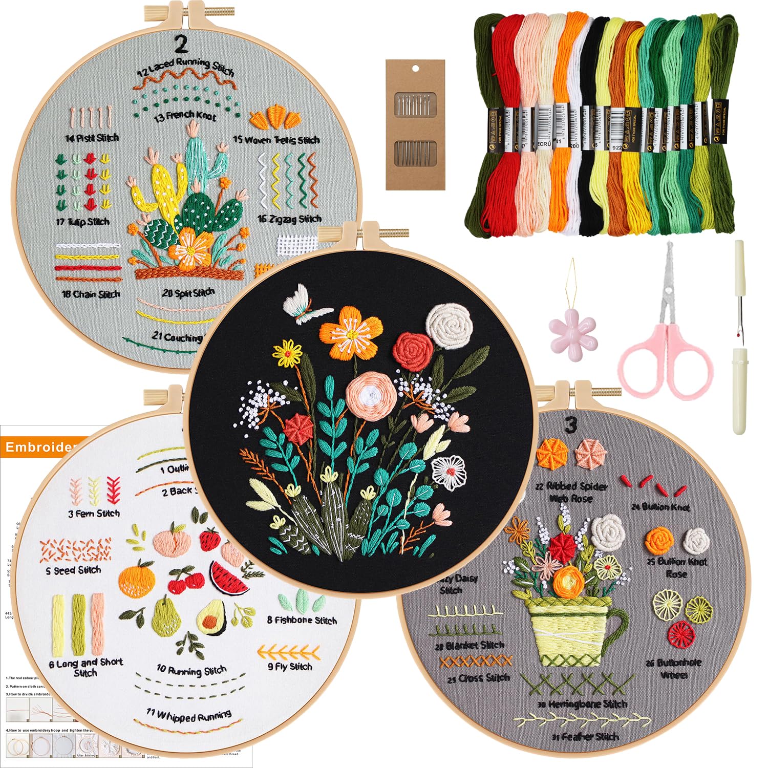 RidaaFri Embroidery Kit for Adults K Learn 31 Stitches with Video Tutorials, 4-Piece Beginner Set with Hoops, Threads, Needles & Pre-Printed Flower Patterns โ image 1