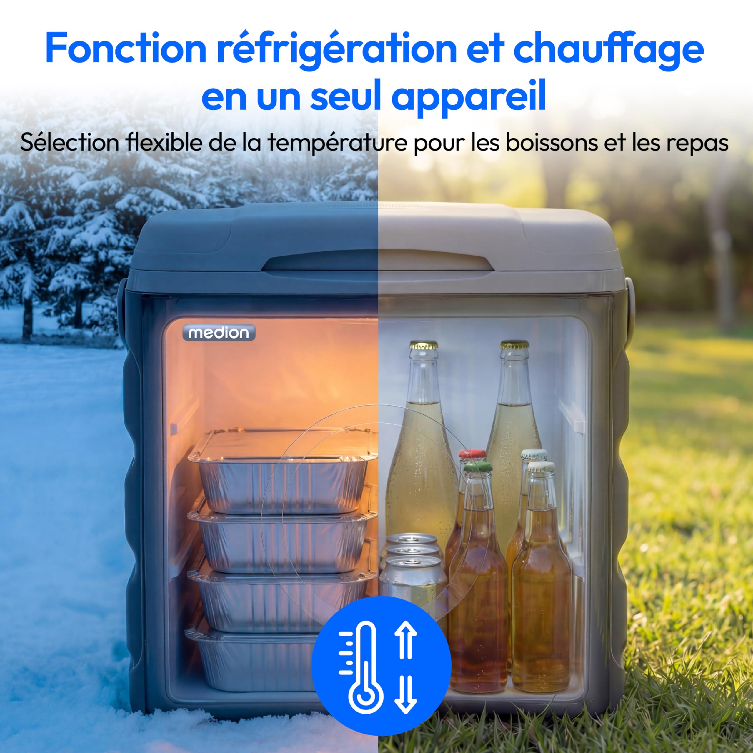 MEDION Glacière Thermoélectrique Portable 35 L Volume Brut Fonction Refroidissement et Maintien au Chaud Alimentation 12V Prise Allume Cigare 230V Secteur USB 5V pour Voiture Bateau et Camping, MD3700