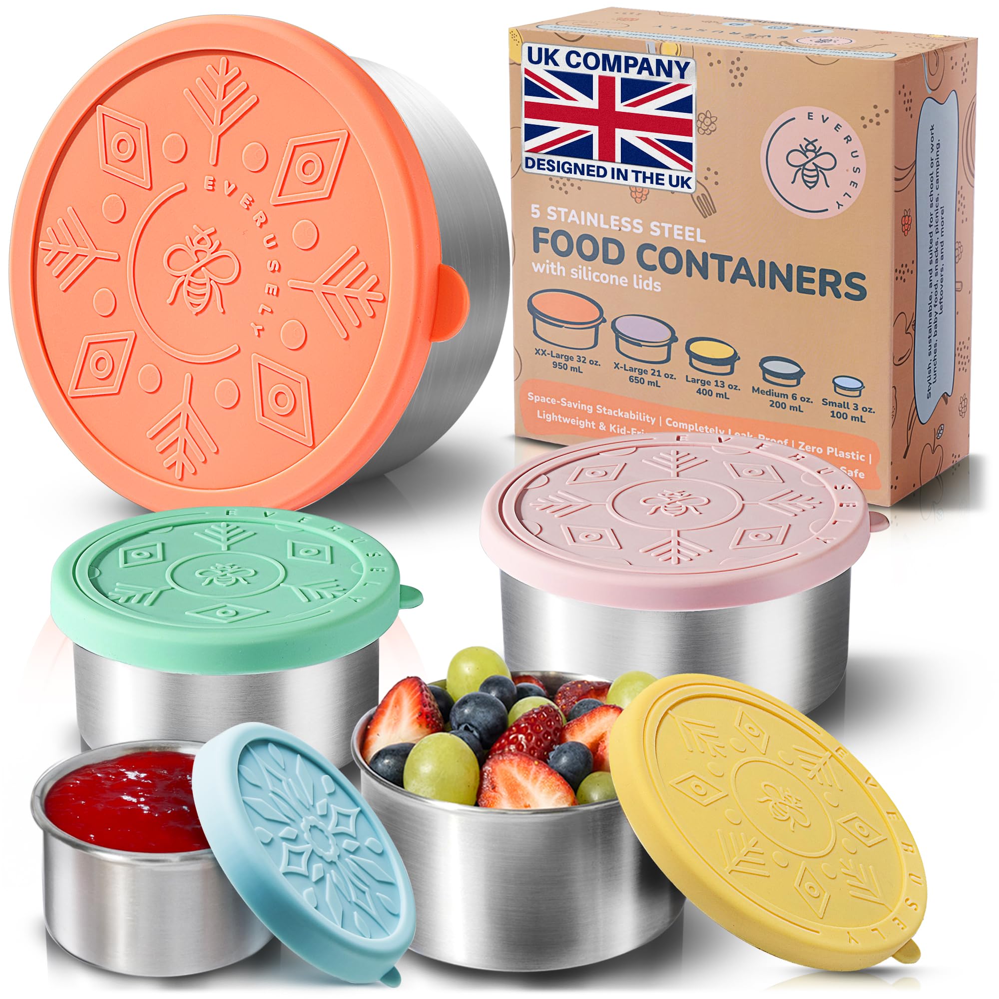 Stainless Steel Containers with Lids - Set of 5, Bright Collection - Leakproof Stainless Steel Food Containers - Nesting Snack Holders - Metal Lunch Box - Portable & Reusable Meal Kit