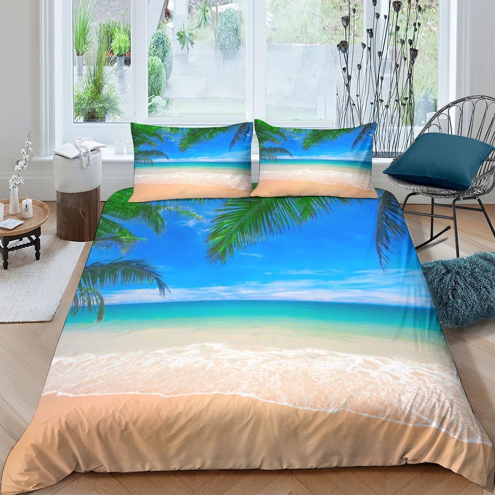 Ctjqhvkz Style-2 3D Printed Beach Palm Fitted Sheet Microfiber Soft Blue Ocean Sunset Mattress Cover For Bedroom Guest Room Decor Single（135X200cm）