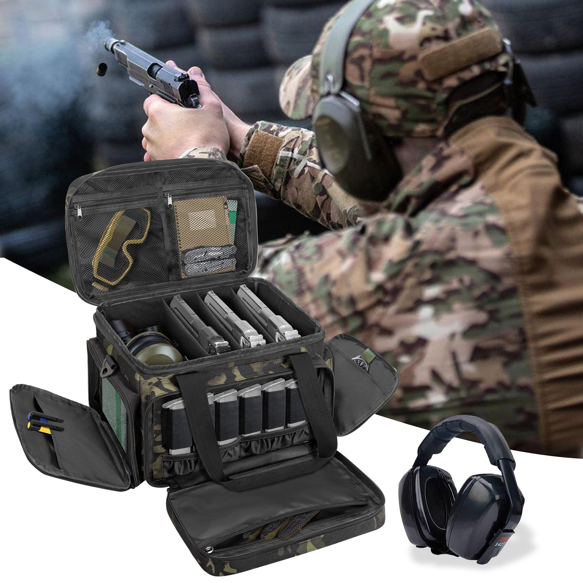 DSLEAF Bolsa de Pistola táctica para 4 Pistolas, Bolsa de Pistola con 6 Ranuras para revistas, Bolsa de Tiro con Bolsillos adicionales para munición y Elementos Esenciales