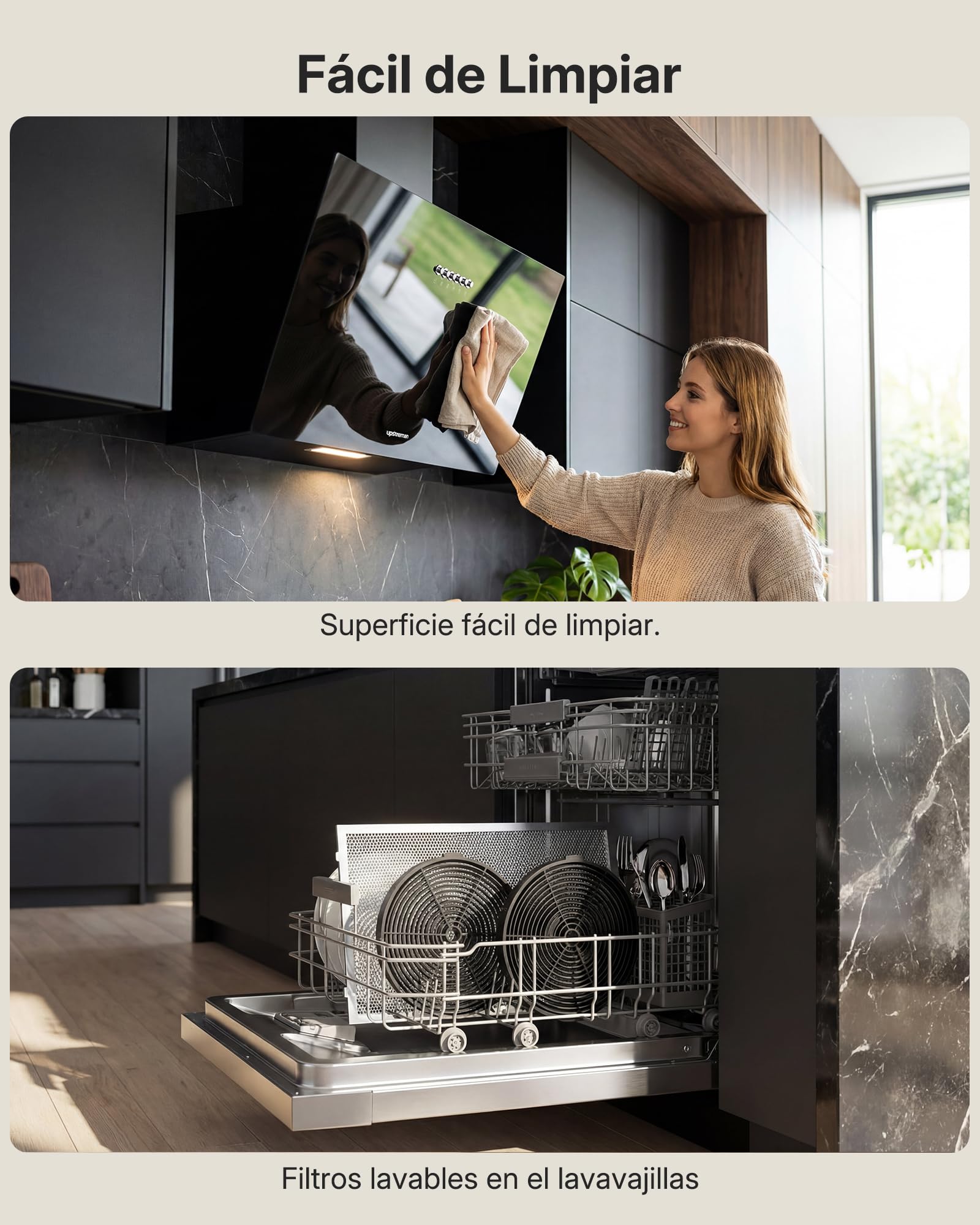 Upstreman Campana Extractora 60 cm, A+++, 56 dB, Diseño Inclinado | 3 vel (324 m³/h), bajo consumo 7 kWh, evita golpes, visión despejada, filtros carbón, LED, filtro lavable, cristal templado