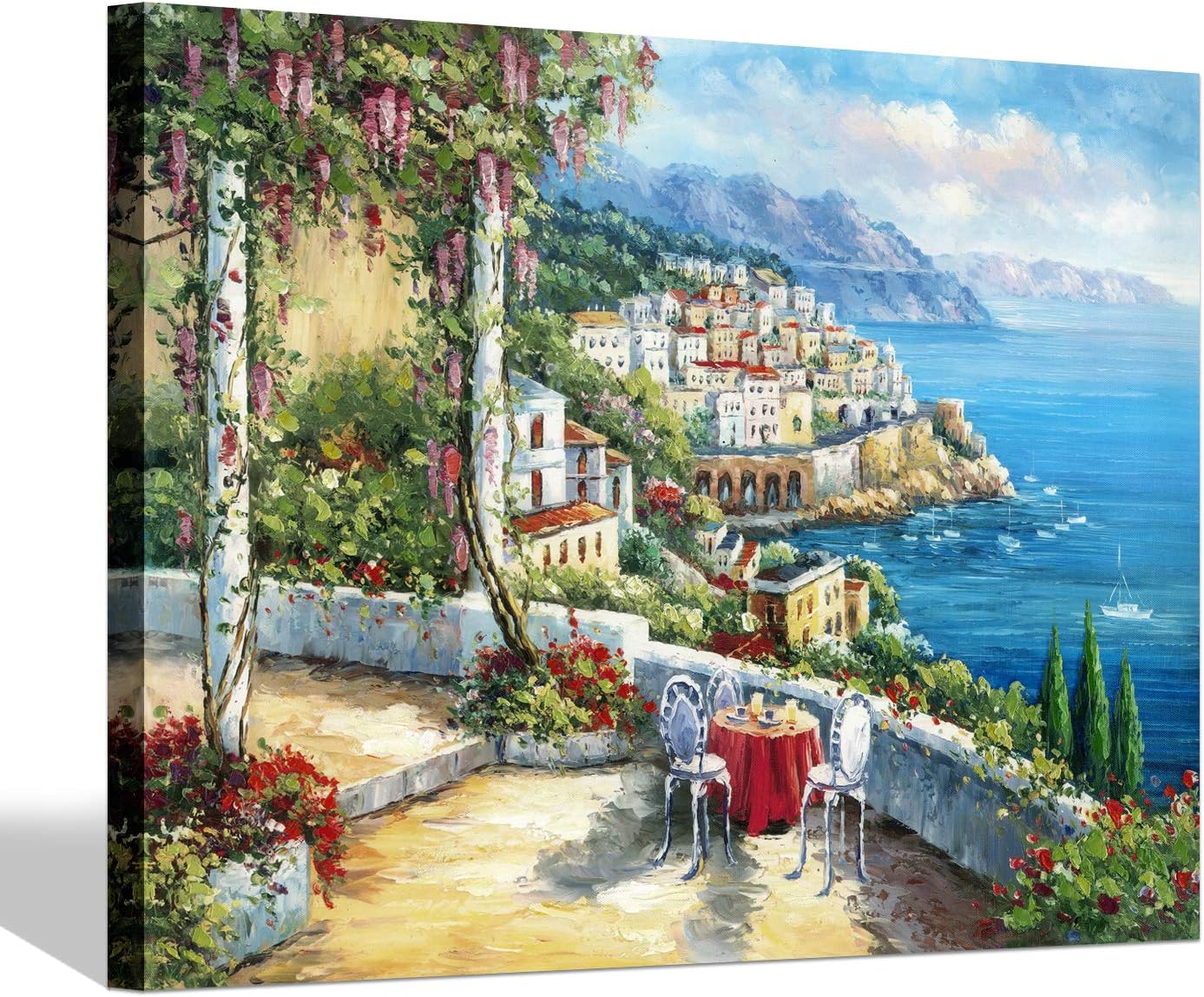 SD SOFT DANCE European Town Canvas Wall Art - Coastal Flower Garden Artwork Painting Reproduction Print for Office (24'' x 18'' x 1 Panel) Sunny Garden 24''x18''