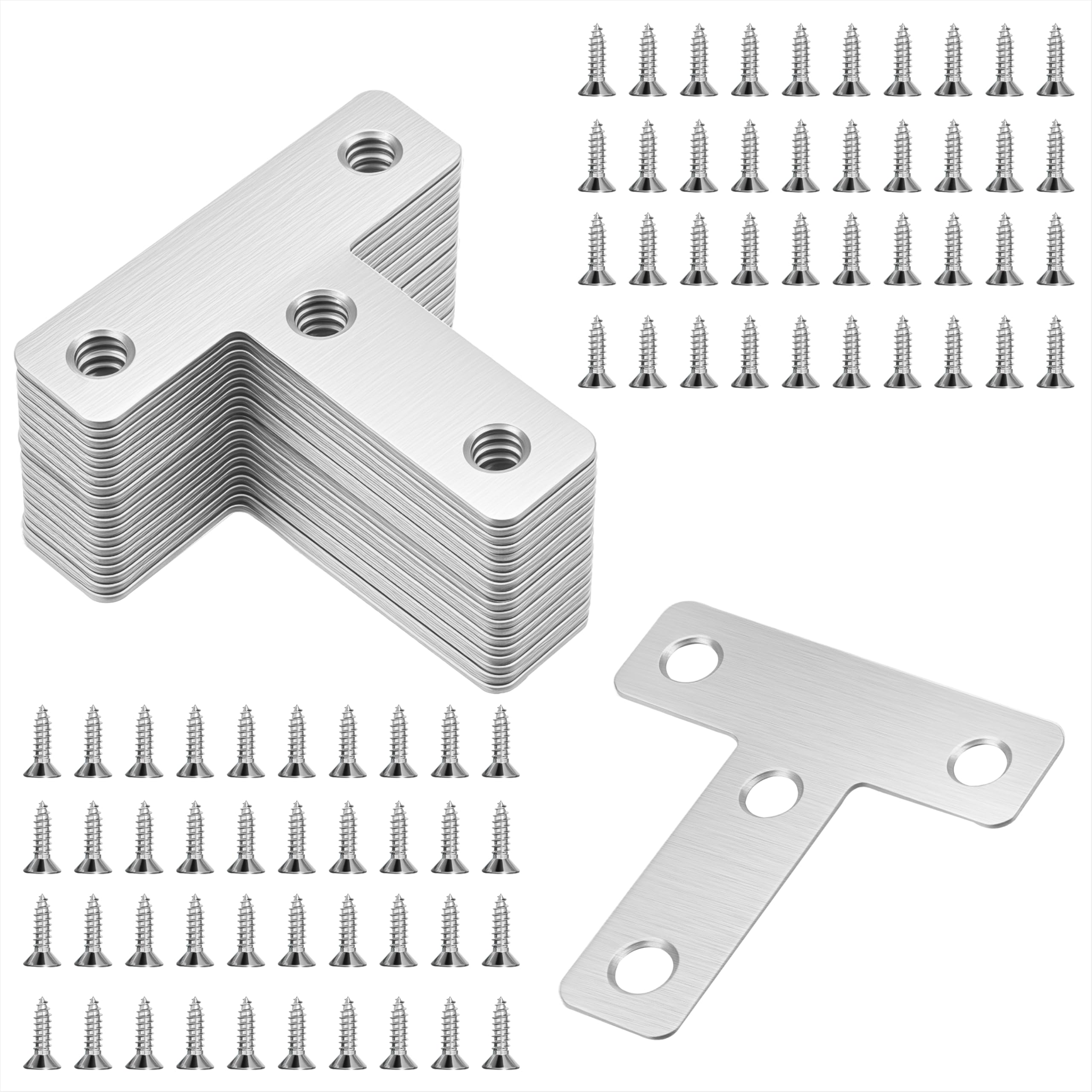 Corner Brace Flat T Shape Angle Brackets Stainless Steel 50x50mm Plates Corner Bracket with Screws for Wood Furniture Shelve Window Cabinet Fixing Repairing 20pcs