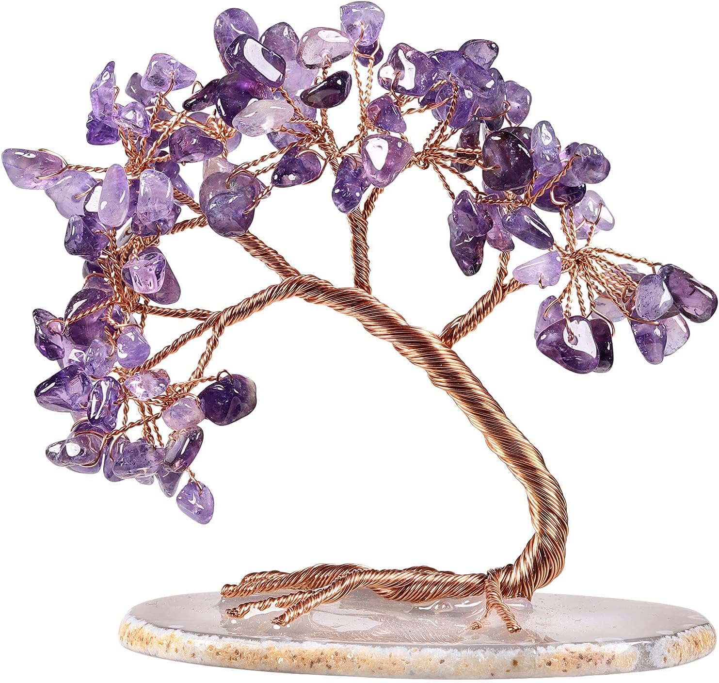 Azonee Natural Amethyst Crystal Money Tree Agate Slice Base Feng Shui Bonsai Crystal Tree for Wealth Good Luck Desk Decor, Wealth & Prosperity-Home Office Decor Spiritual Gift 3-4 Inch High
