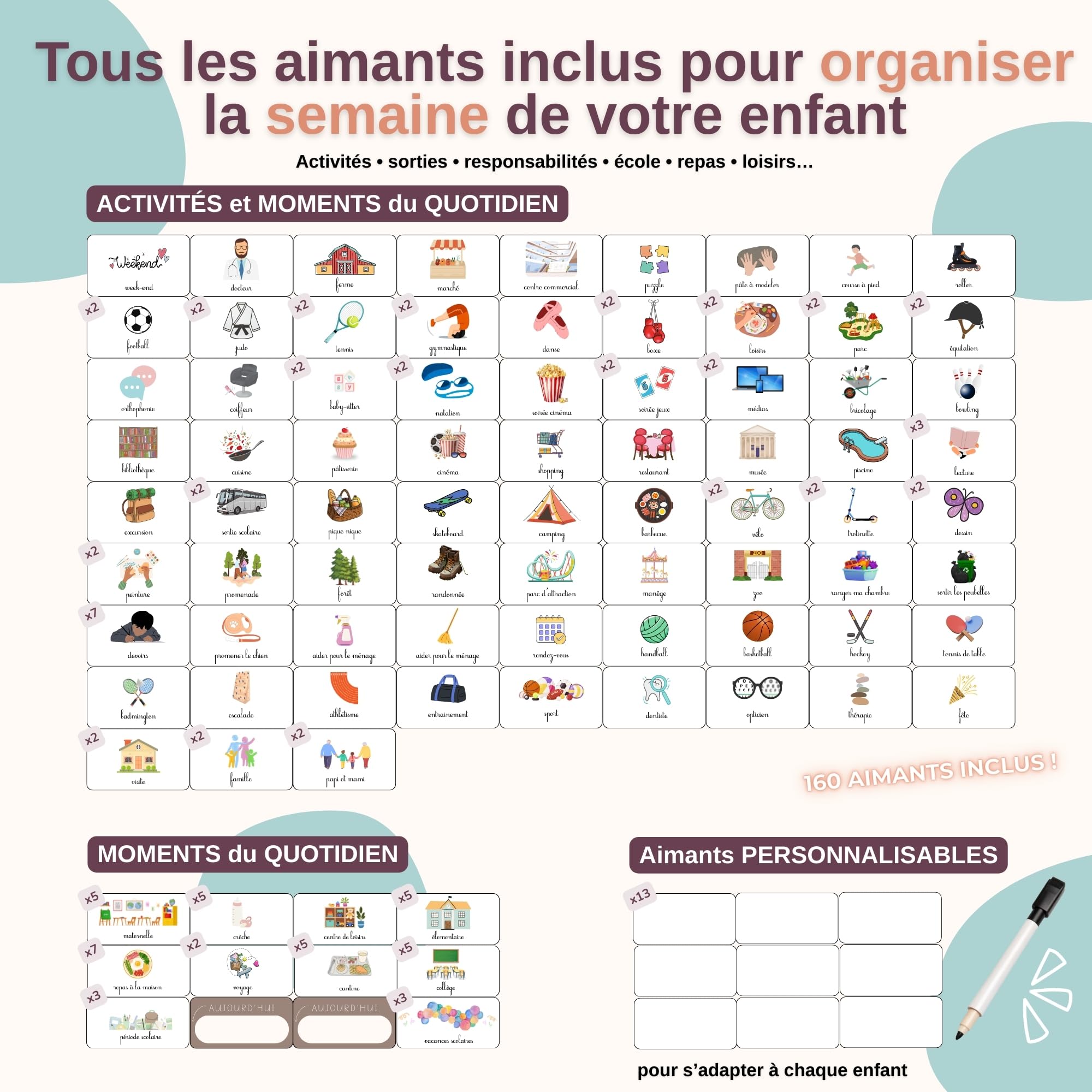 Semainier Enfant Magnétique 160 Aimants Calendrier Éducatif Routine Montessori Dès 3 Ans