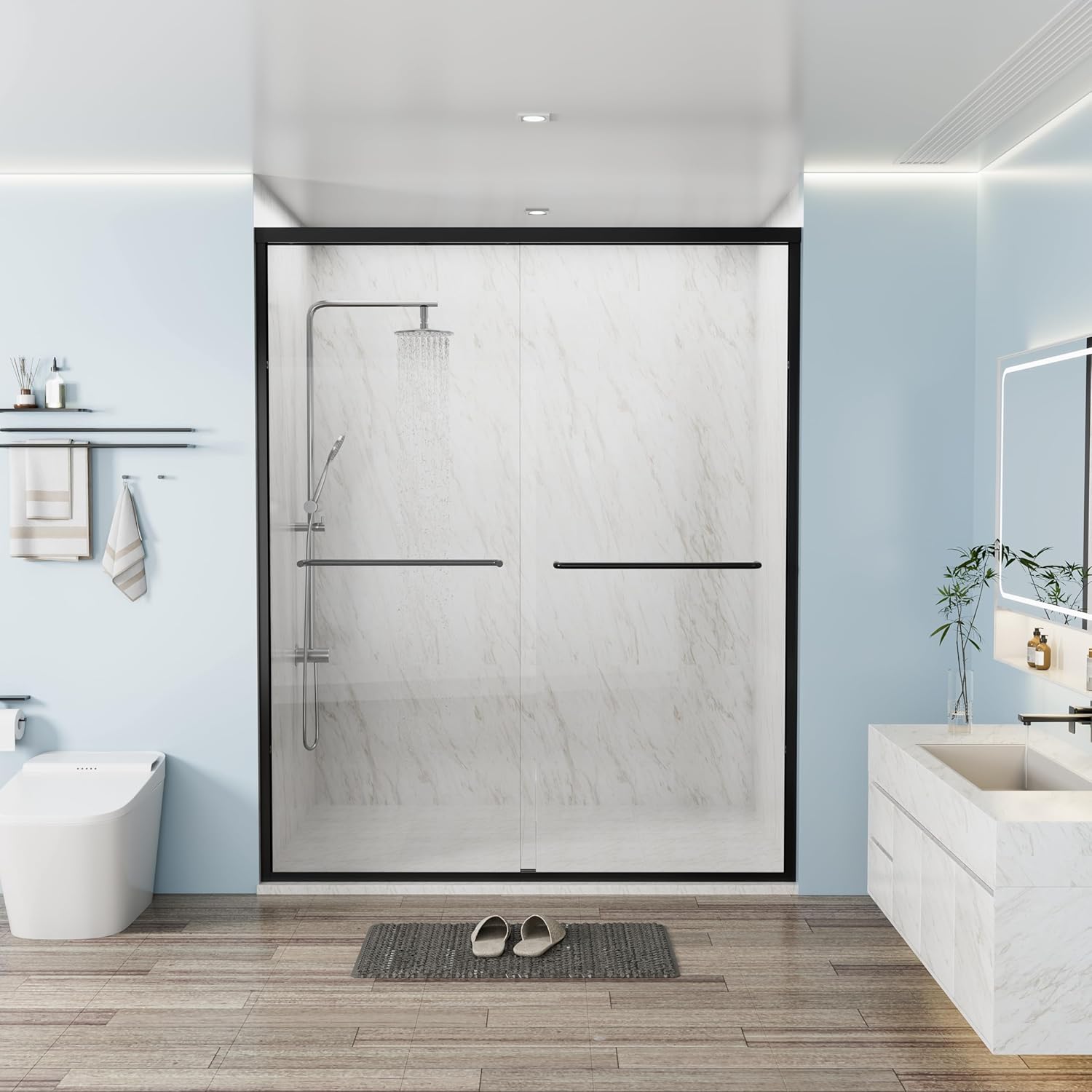 Semi-Frameless Double Sliding Shower Door, 56–60 in. W x 76 in. H Bypass Shower Glass Door with 1/4" (6mm) SGCC & ANSI Certified Tempered Glass, Easy-Clean Glass, Matte Black