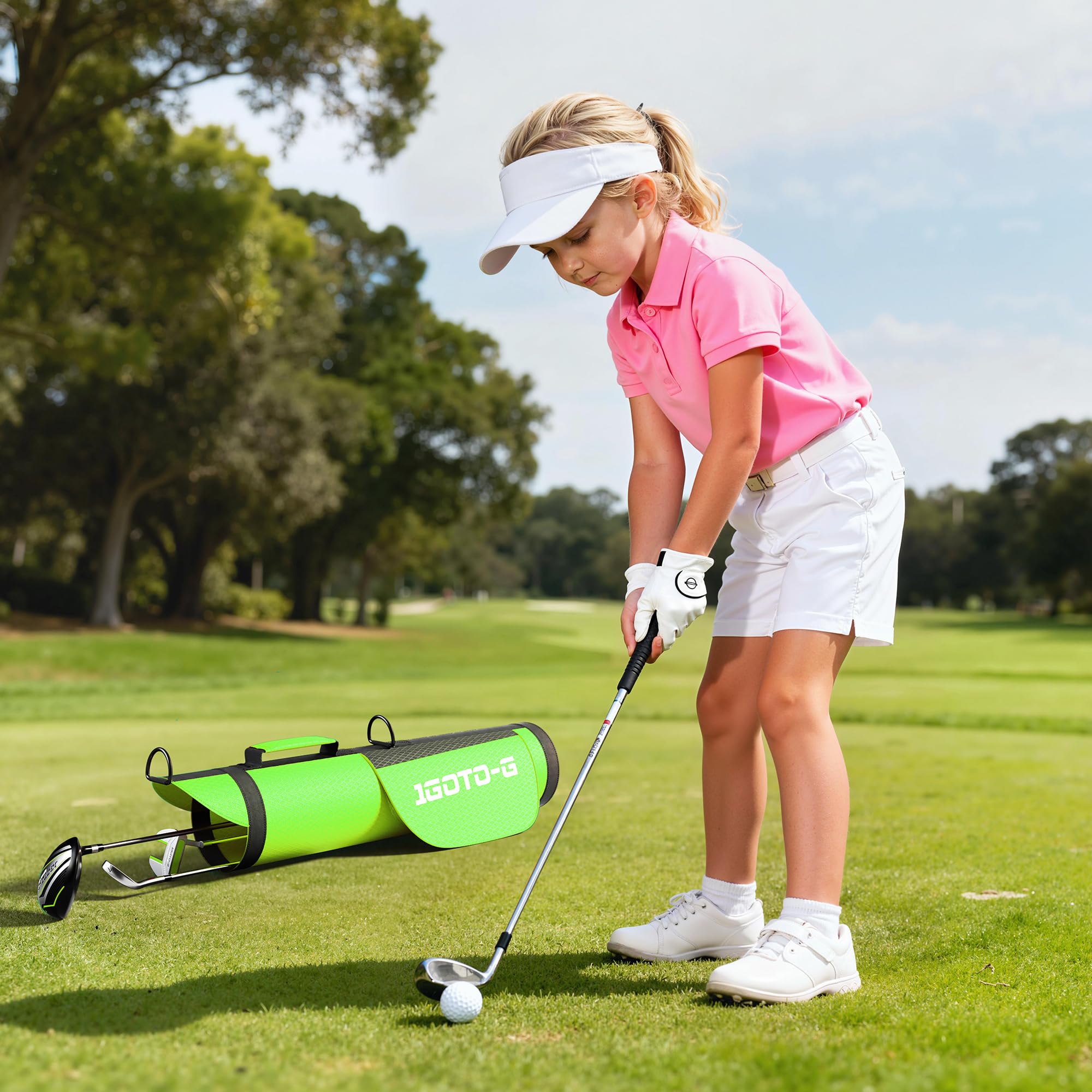 Zestaw kijów golfowych dla dzieci 5/6/7 sztuk – młodzieżowe kije golfowe zestaw dla dzieci w wieku 3-14 lat zawiera torbę stojącą, 1 # kierowcę, 5# hybrydowy, 7#, PW# żelazka i miotacz prawa