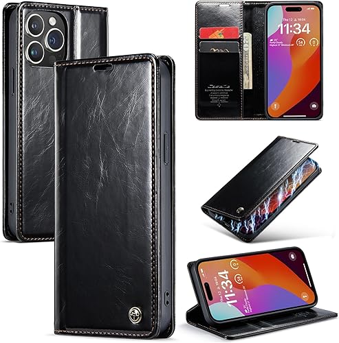 Funda para iPhone 15 Pro Max, funda tipo cartera con función atril y ranura para tarjeta de crédito con cierre magnético, funda protectora para