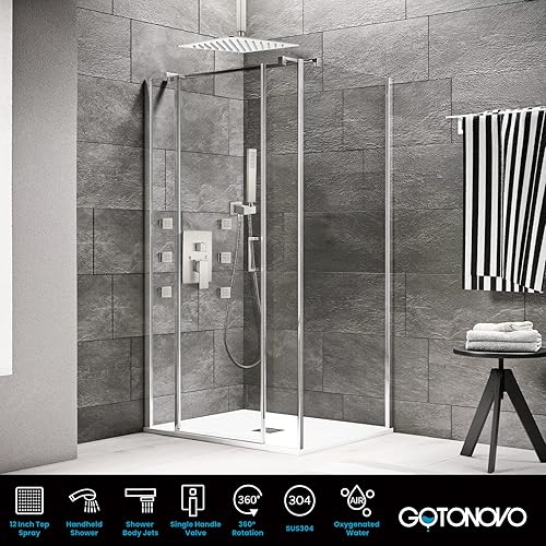 Miniatura 25 de gotonovo Juego de grifo de ducha mezclador de lluvia montado en el techo, color negro mate, cabezal de ducha cuadrado de 12 pulgadas con 6 chorros