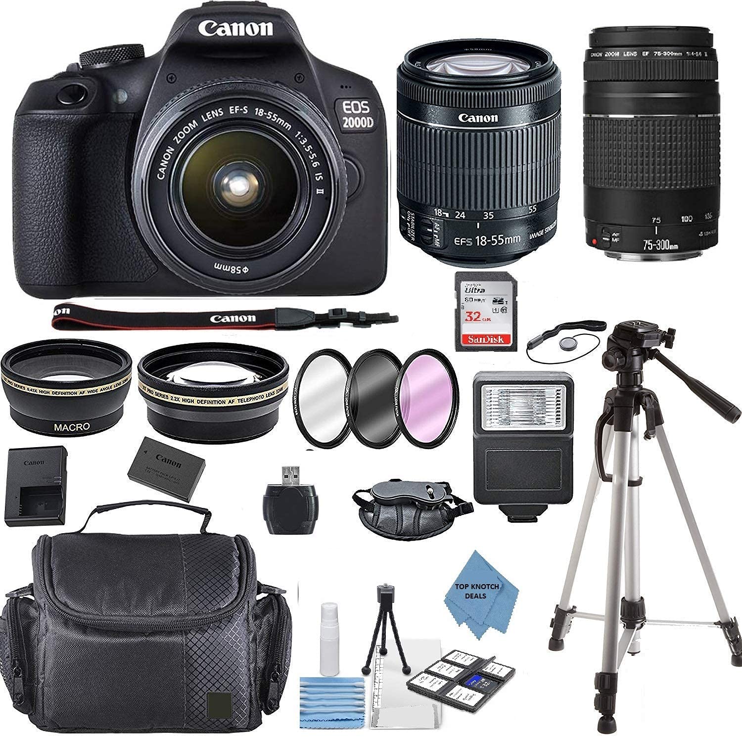 Canon EOS 2000D Rebel T7 Kit with EF-S 18-55mm f/3.5-5.6 III Lens + Canon 75-300 Lens+ Accessory Bundle +TopKnotch Deals Cloth (Renewed)