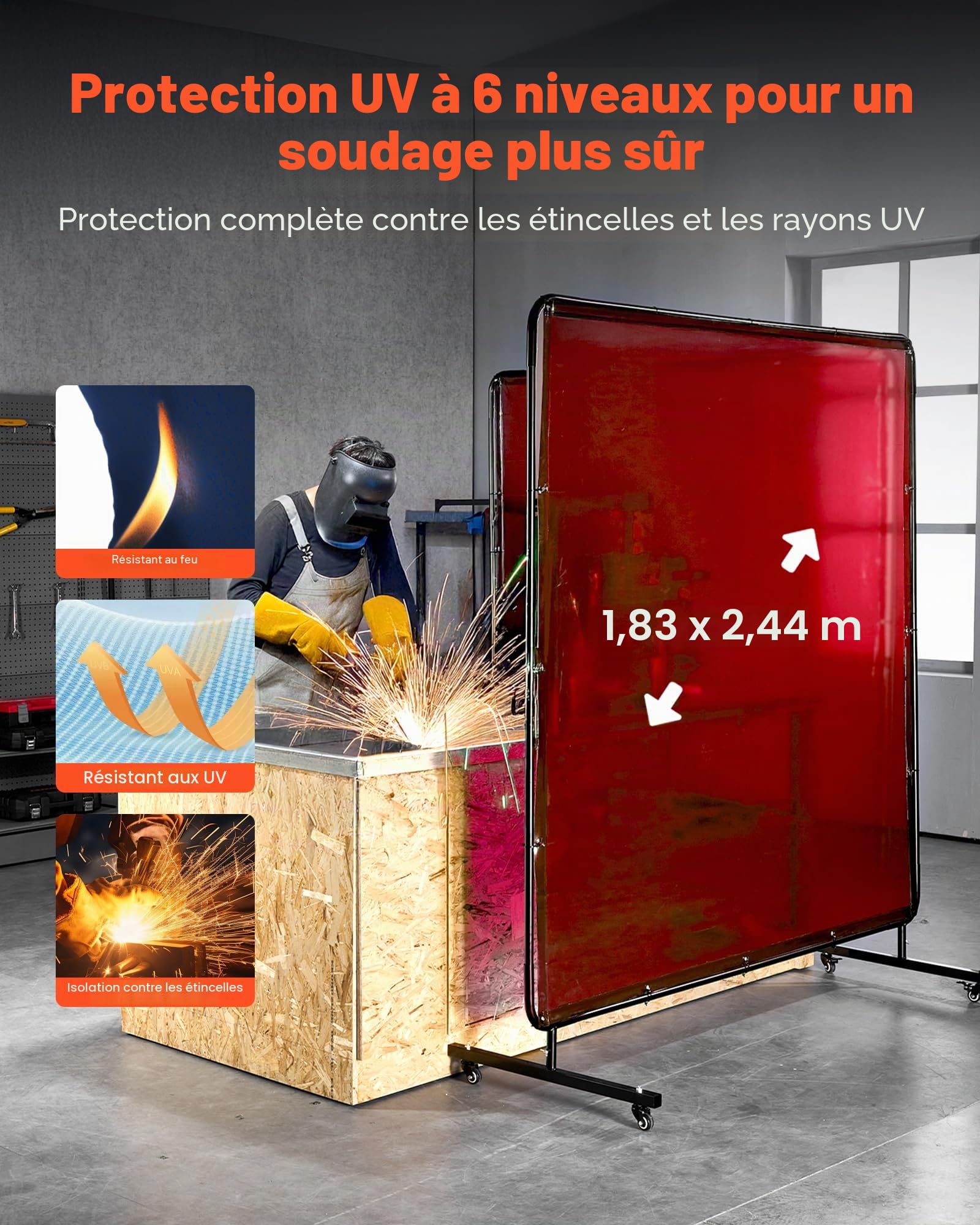 VEVOR Rideau de Soudage Lot de 2 Écran de Soudage Vinyle Ignifuge 1,74 x 2,34 m Écran de Protection Soudure Portable avec Protection UV 6 Niveaux, Trous de Suspension, pour Atelier, Industrie, Rouge