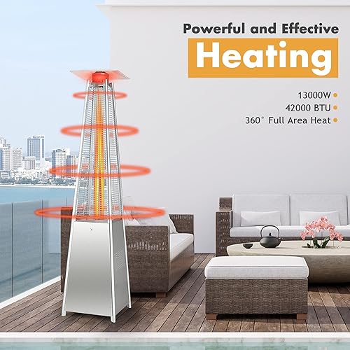 Miniatura 5 de Tangkula Calentador de patio al aire libre de 90 pulgadas, calentador de propano piramidal portátil de 42000 BTU con ruedas, tubo de vidrio de
