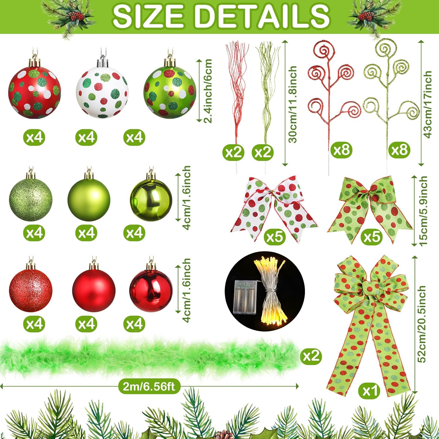 70 pcs Christmas Tree Ornaments Set Including Ball red Green White Polka Point Bows Glitter Berry Stems Candy Curly Sticks Faux Fur Ribbon led Lights for Xmas Holiday Decor
