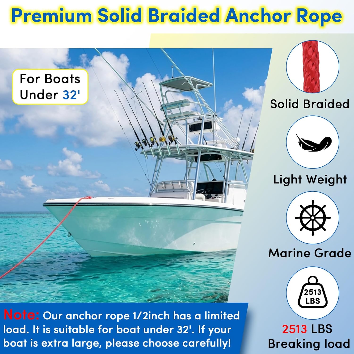 Anchor Rope 1/2 Inch 50 FT, Boat Anchor Rope Solid Braid MFP, Anchor Line with 316 Stainless Steel Thimble & Snap Hook for Towing Mooring Docking Anchoring Boats Up to 32' - Red