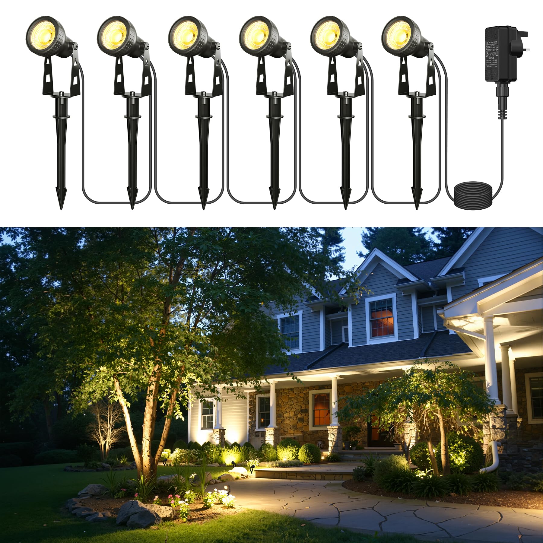 Zuske Garden Spot Lights Mains Powered, 6-in-1 LED Outdoor Spotlights with Adapter