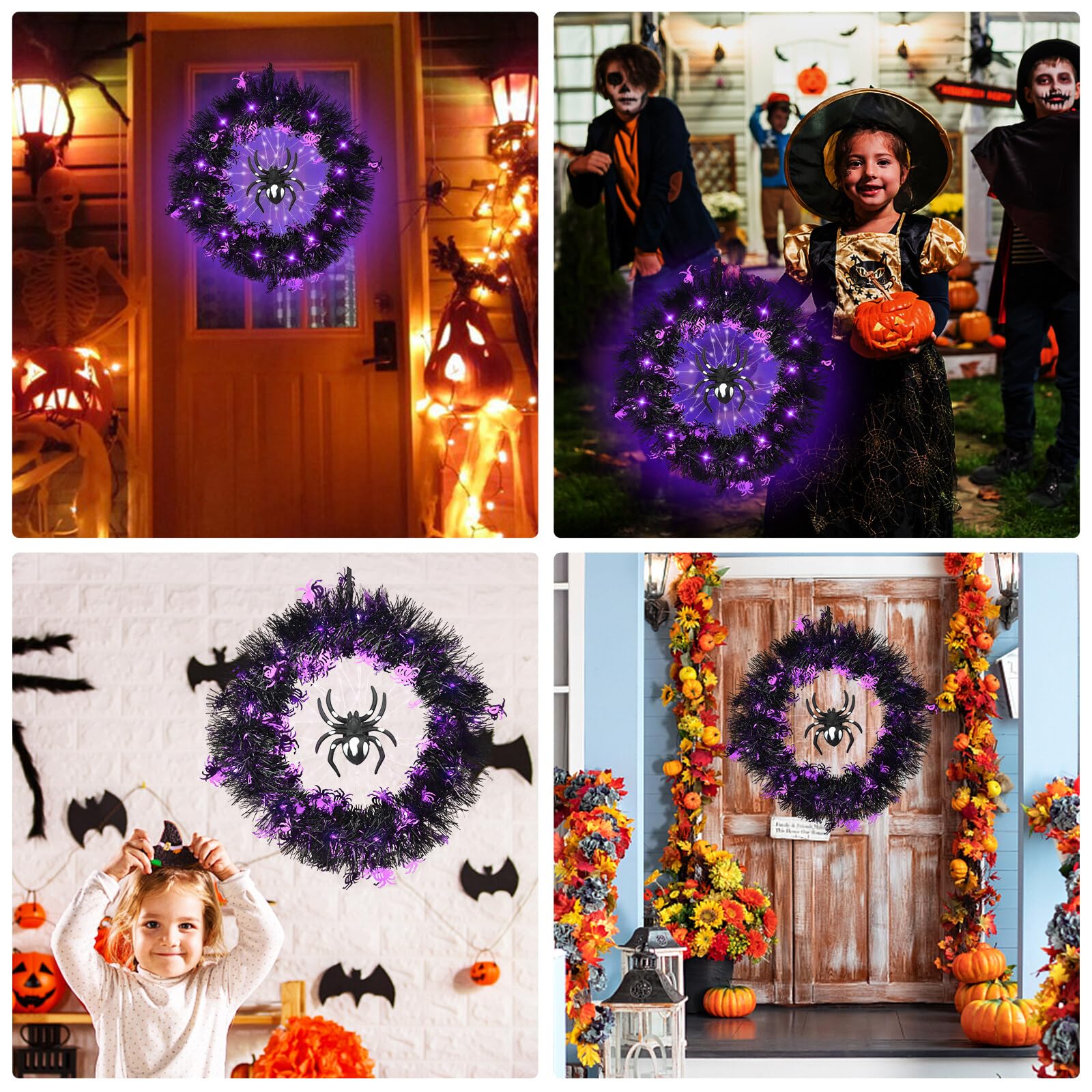 Halloween Türkranz mit Lichtern, künstliche Spinne Girlande Halloween Deko mit violetten Lichtern Halloween Dekorationen für Außen Innen Wand Atmosphere Decoration LED
