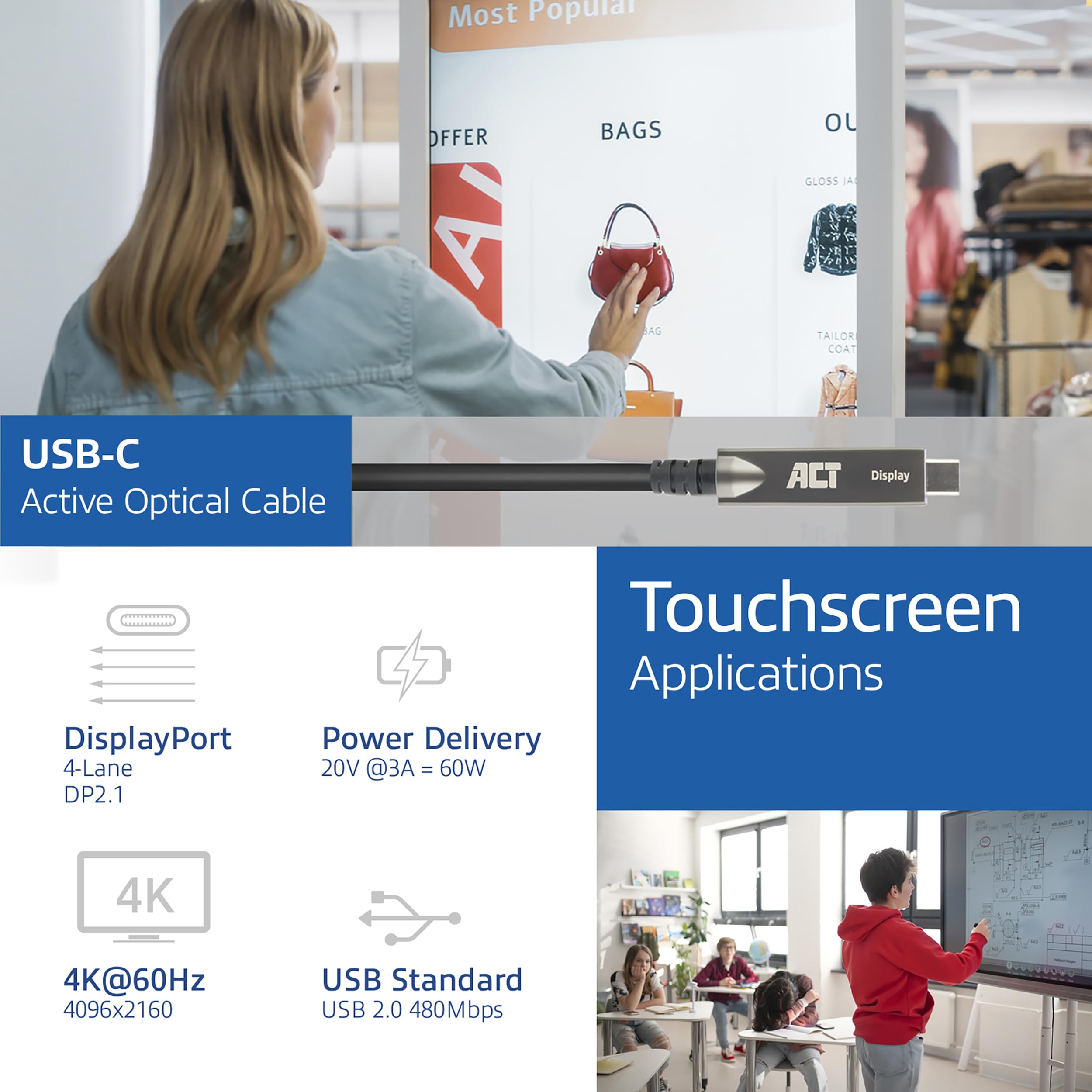ACT Aktywny kabel optyczny USB C (AOC) 3 m, USB C Video kabel USB 3.2 Gen2, wysoka prędkość 10 Gb/s, aktywny kabel optyczny USB C, do paneli dotykowych, wideokonferencji – AK4323