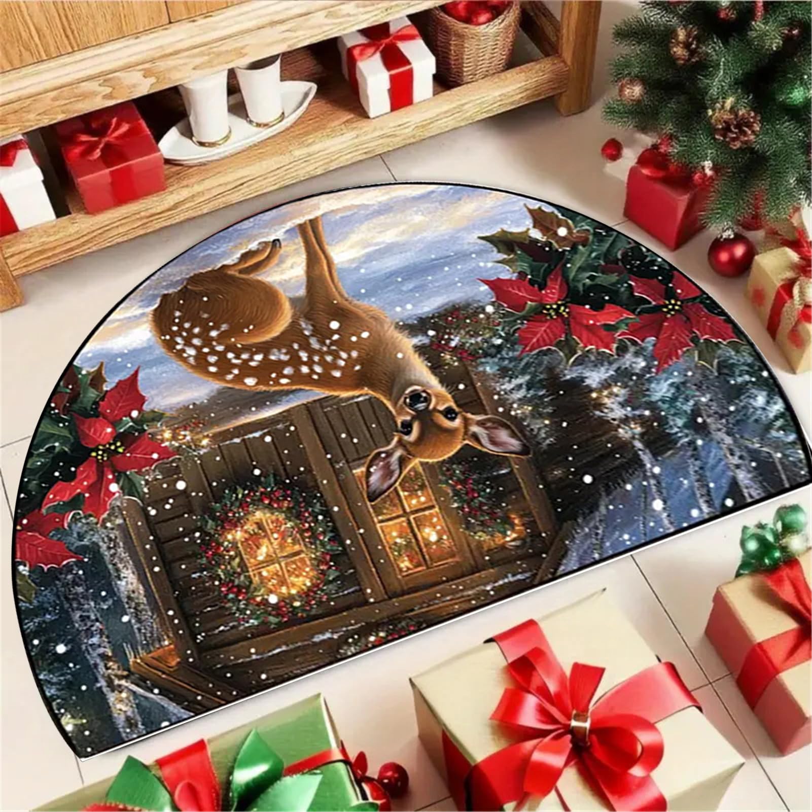 Escena Navideña con Muñeco De Nieve Alfombra De Entrada Semicircular Interior Alfombra De Área Medio Círculo para Suelo Baño Sala De Estar Dormitorio Cocina Chimenea,A,100 * 160cm