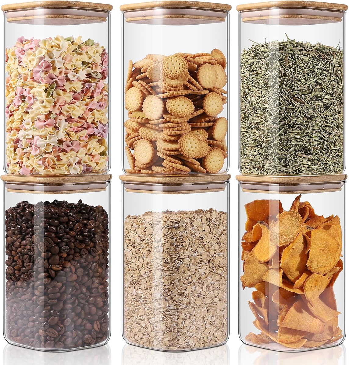 Tarros de almacenamiento de vidrio, paquete de 6, 10 cm x 20 cm, recipientes de vidrio transparente para almacenamiento de alimentos con tapa hermética de bambú, botes de cocina apilables para dulces, galletas, arroz, azúcar, harina, pasta, nueces y tarros de especias (cuadrados)