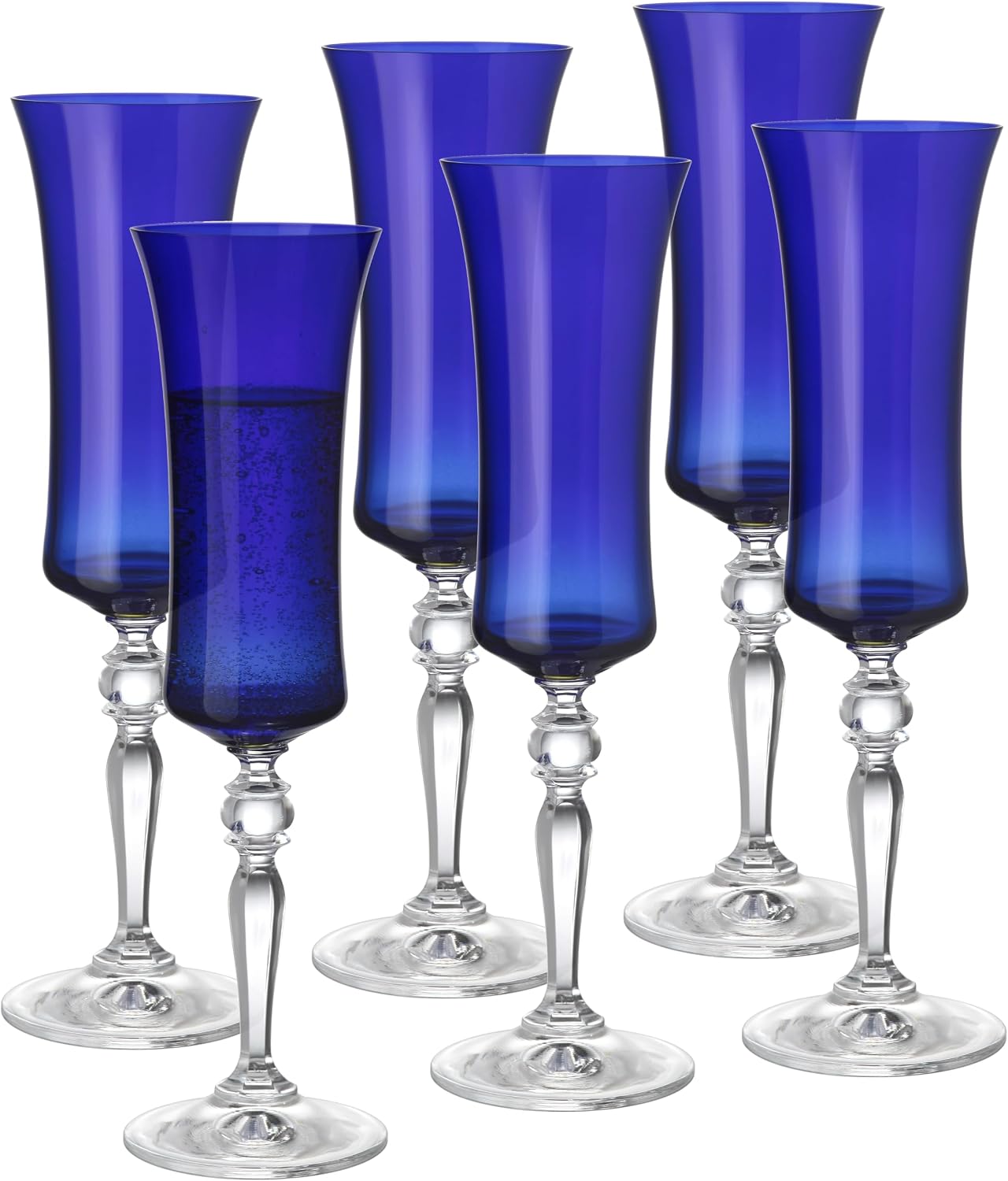 Barski Champagne Flutes, Blue, Stemmed, Colored Glass, Set of 6, 8 oz
