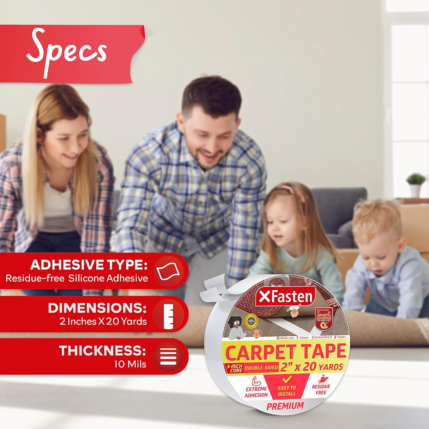 XFasten Carpet Tape Double Sided - Heavy Duty 2” x 20 yds Gentle on Surface Double Sided Carpet Tape for Area Rugs Over Carpet for Hardwood Floors, Corner Rug Tape for Carpet to Carpet