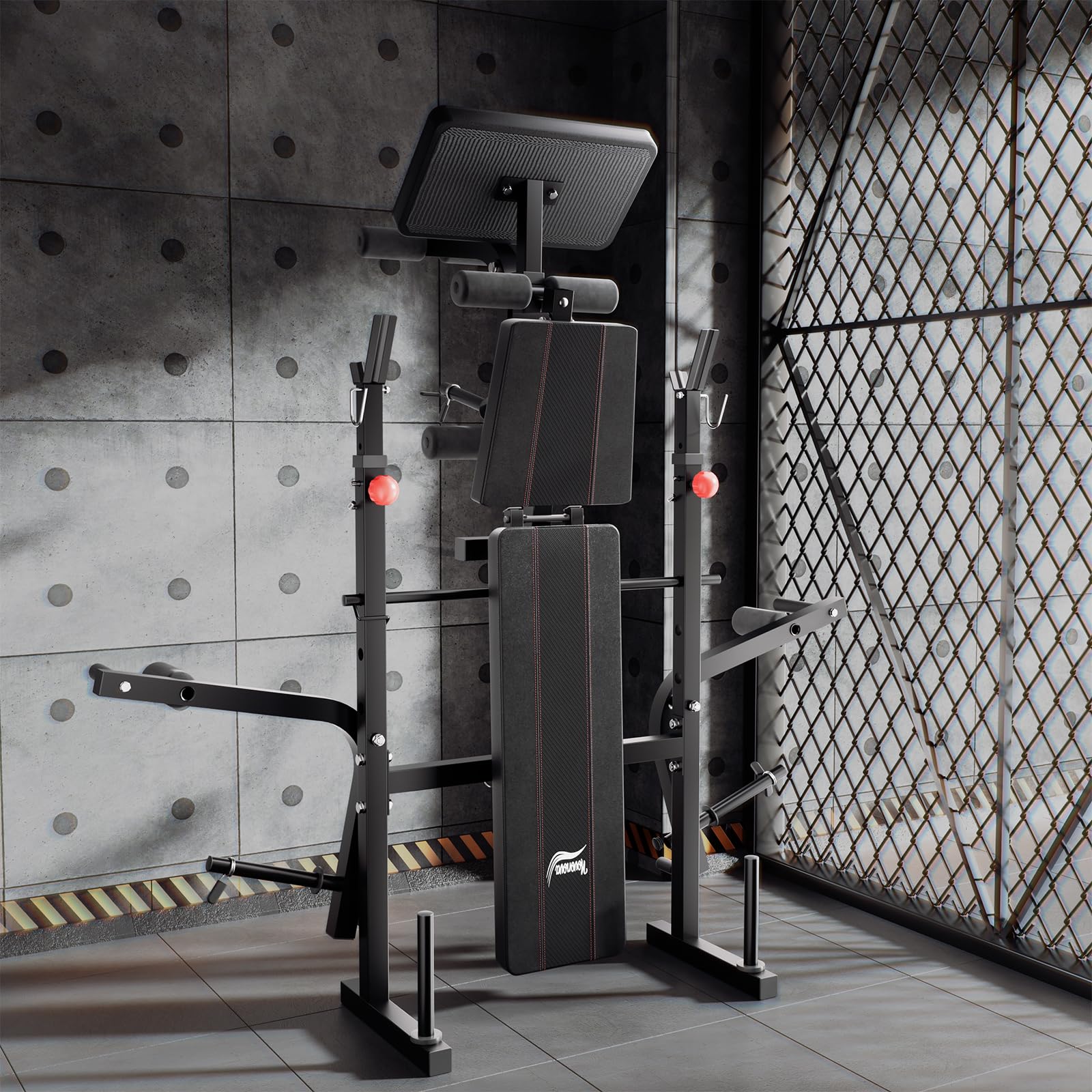 Banc de Musculation Complet Multifonction avec Dossier Réglable, Repose-Jambes et Support de Poids, Banc Musculation Pliable&Inclinable/Bancs Developper Coucher, Bancs de Biceps/de Curl