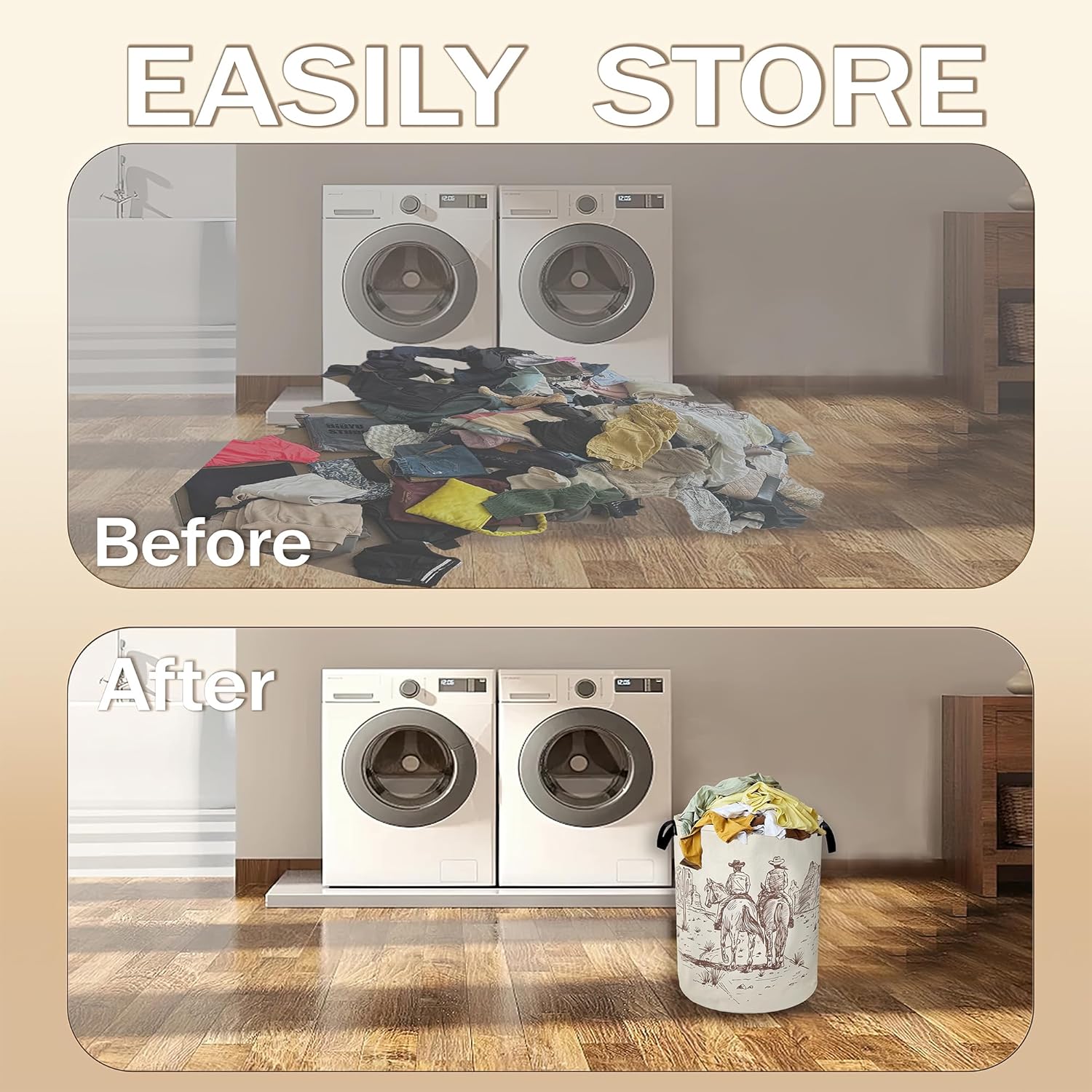 Western Cowboy Laundry Hamper,Vintage Clothes Hamper for Laundry,Waterproof Oxford Toy Storage Collapsible Hampers for Bedroom, Dorm Room,Bathroom,16x20 Inch