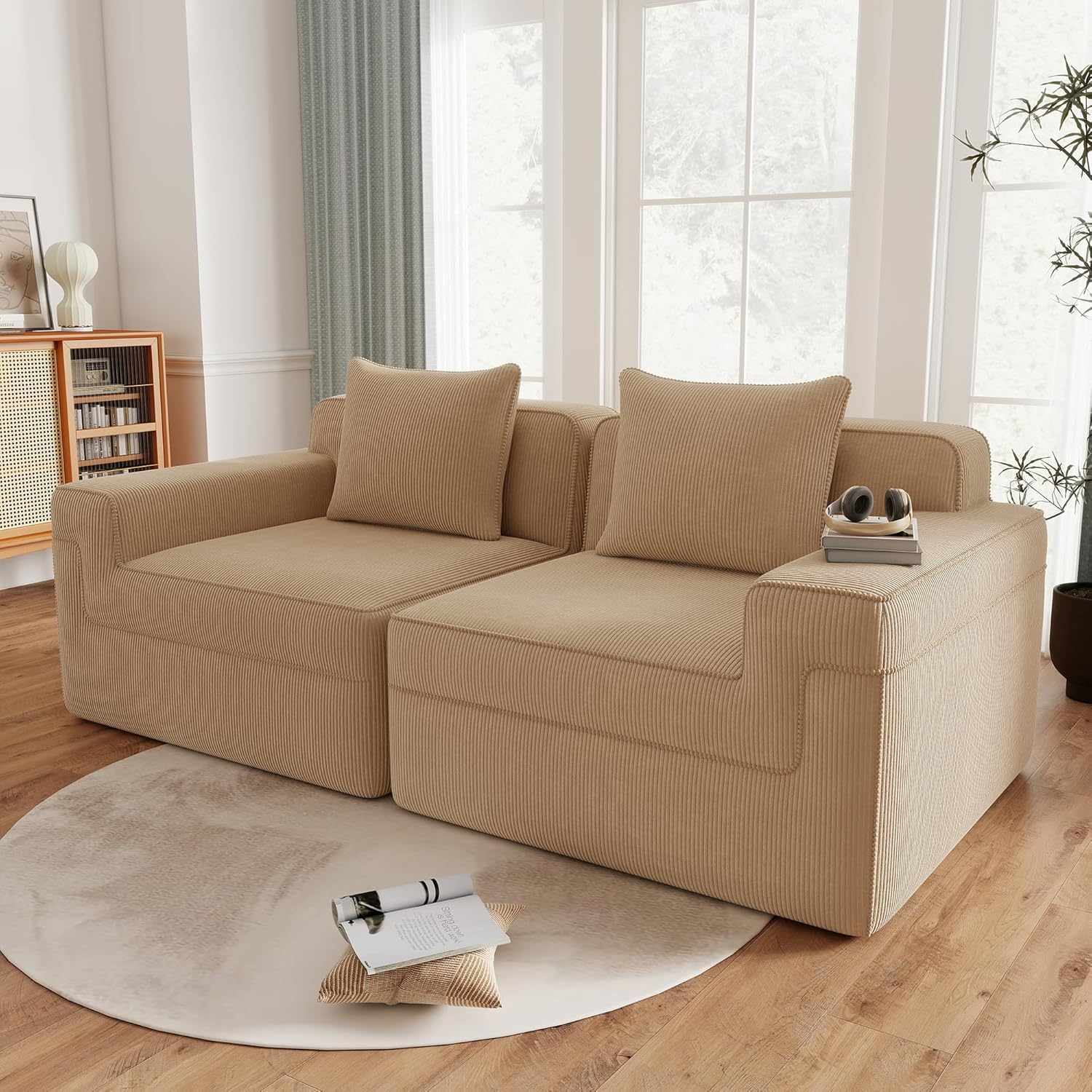 81.1''Loveseat Modular Sectional Sofa,Cloud Sectional Couch with Boneless Deep Seat,Corduroy Upholstery Couches for Living Room Bedroom (Camel)