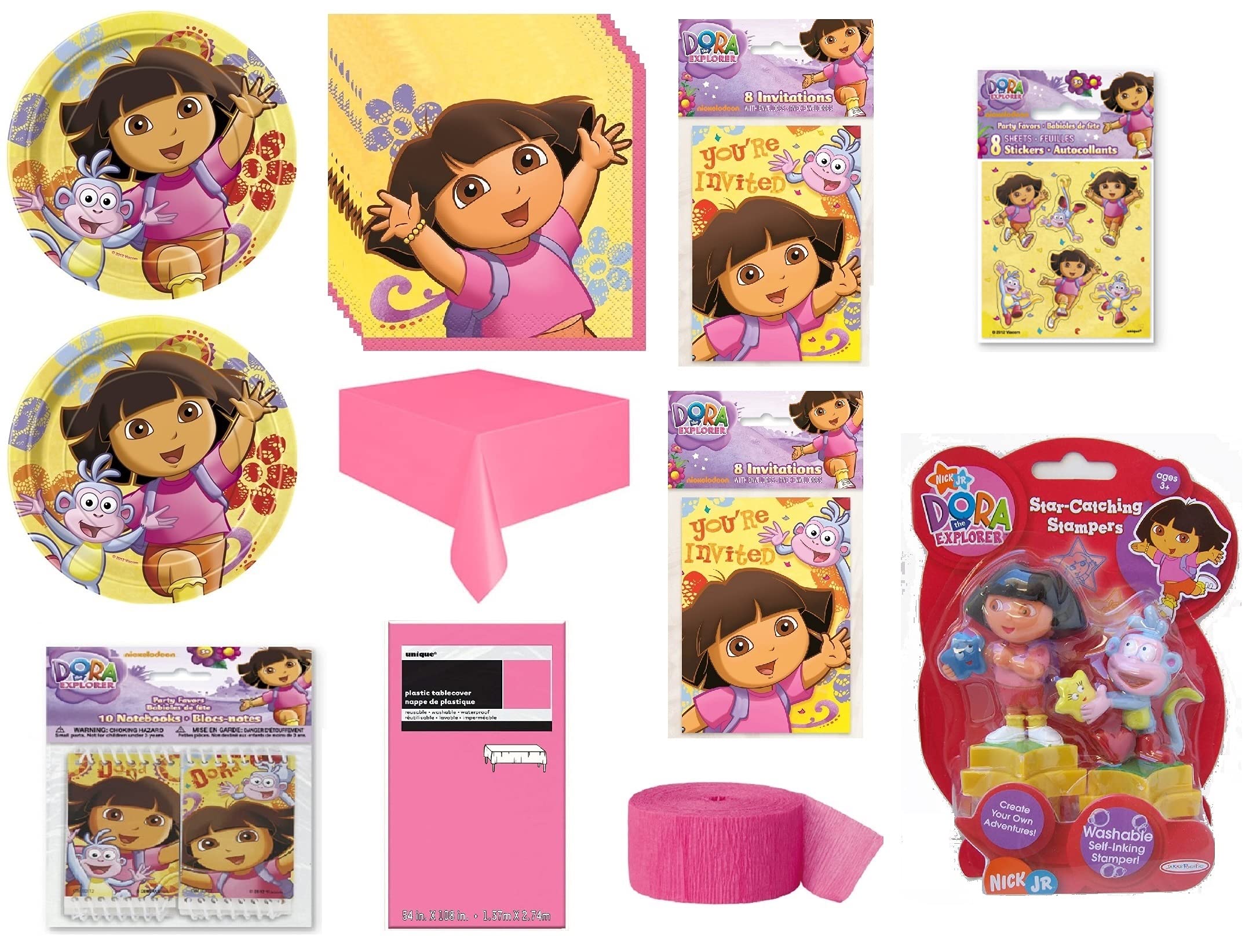 Unique Dora Birthday Party Supplies Decoration Favor Bundle for 16 includes Plates, Napkins, Table Cover, Crepe Streamer, Invitations, Mini Notebooks, 24 Sticker Earrings