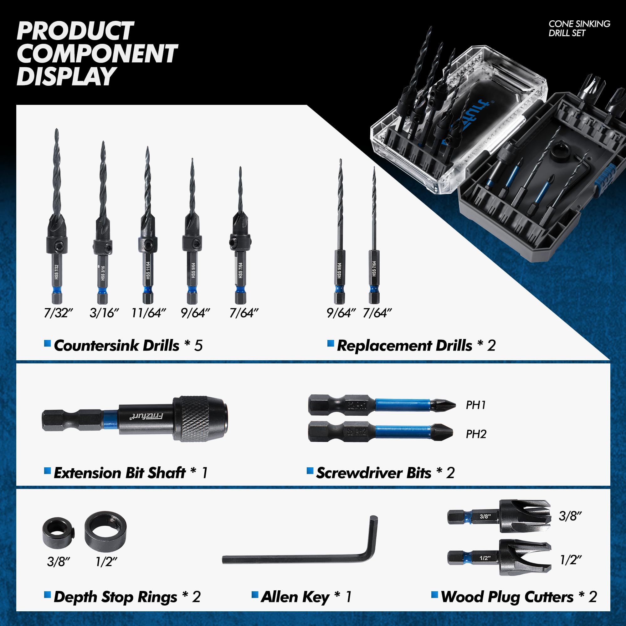 Countersink Drill Bit Set - 15 Piece Woodworking Tool -3 Countersink Drill Bit Set - 15 Piece Woodworking Tool -3