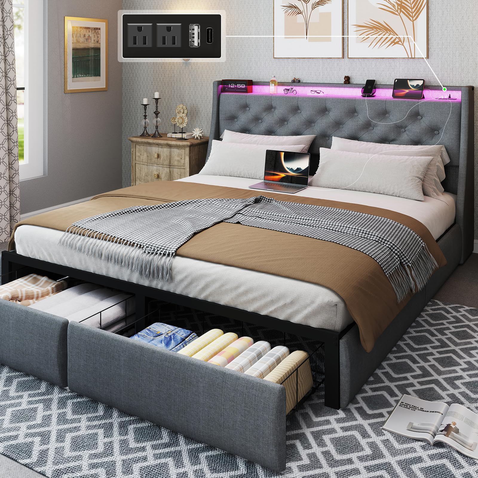 SADENICEL Queen Bed Frame with Storage Headboard and 2 Drawer, Metal Queen Size Bed Frame Platform with LED Light, Charging Station, No Box Spring