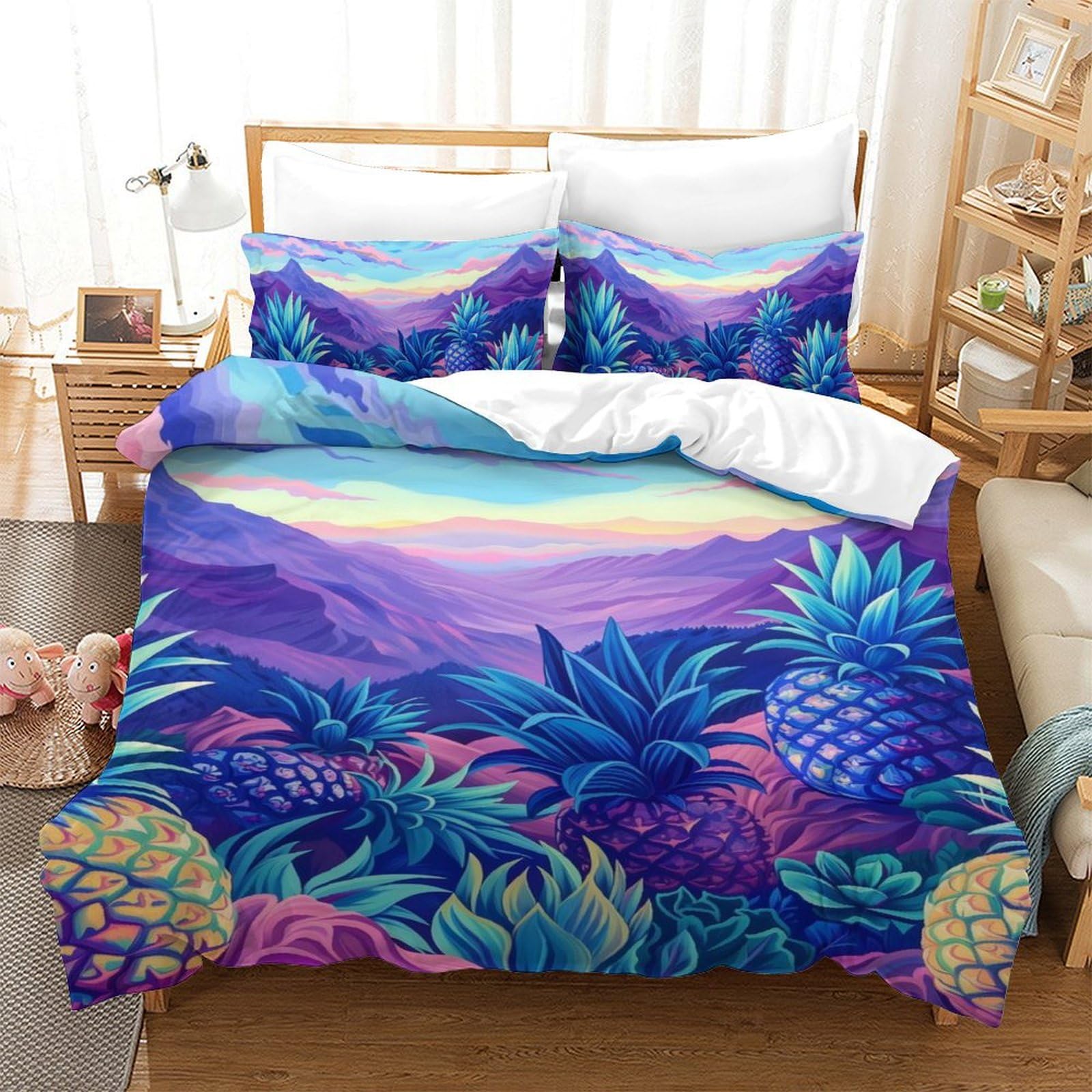 Parure de lit ananas 140x200 cm en microfibre avec housse de couette 3 pièces et taies