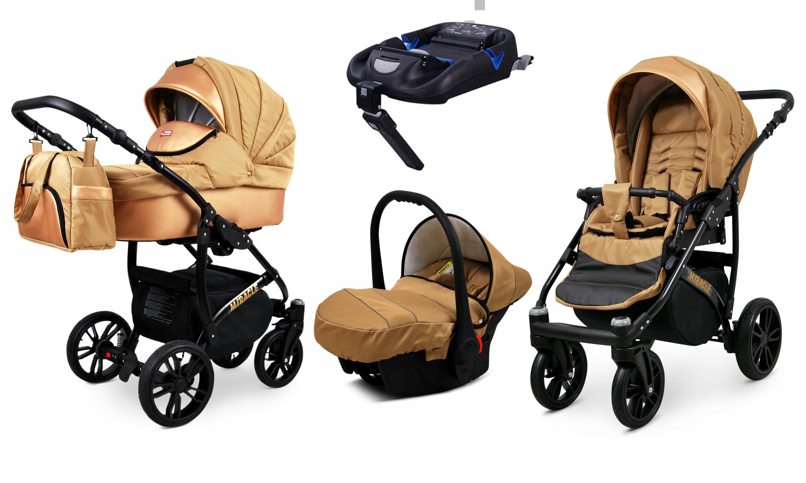BabyLux Zestaw wózków dziecięcych 4 w 1 – Miracle – w zestawie wanienka dla niemowląt, fotelik sportowy, fotelik samochodowy, stacja bazowa ISOFIX – fotelik samochodowy – zestaw wózków dziecięcych