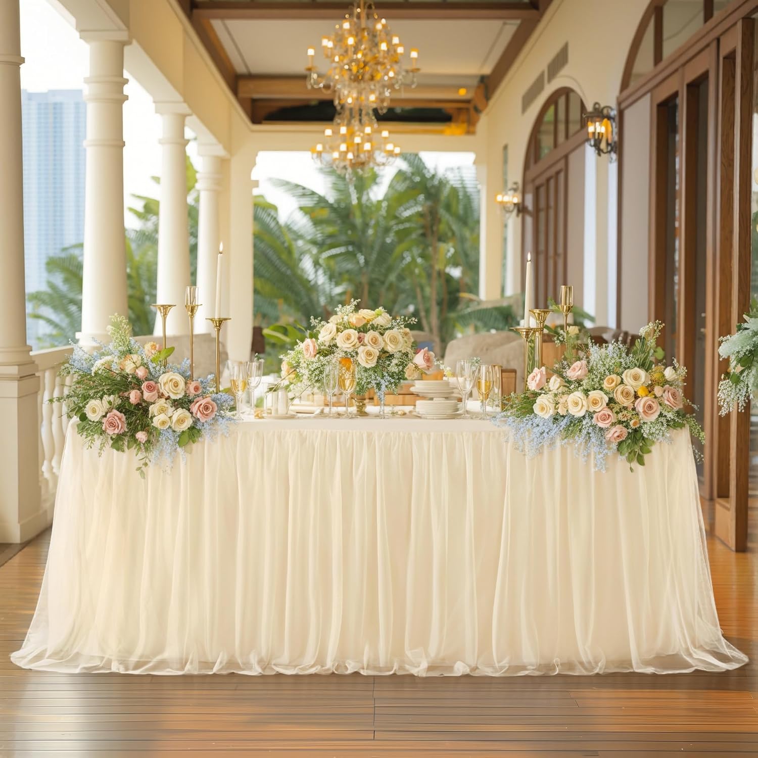 HB HBB MAGIC Champagne Tablecloths 8 Foot Rectangle Tulle Table Skirt Rectangle Tables 8ft Fitted Spandex Tables Covers Banquet Party Wedding Table Cloths 8 Foot