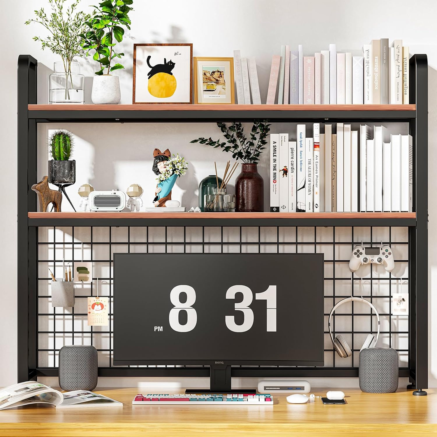 HUATOL Desktop Bookshelf for Computer Desk, 2-Tier Multipurpose Wood Countertop Bookshelf, Multipurpose Freestanding Storage Rack Display Shelf for Office, Home Decor, Kitchen, Brown