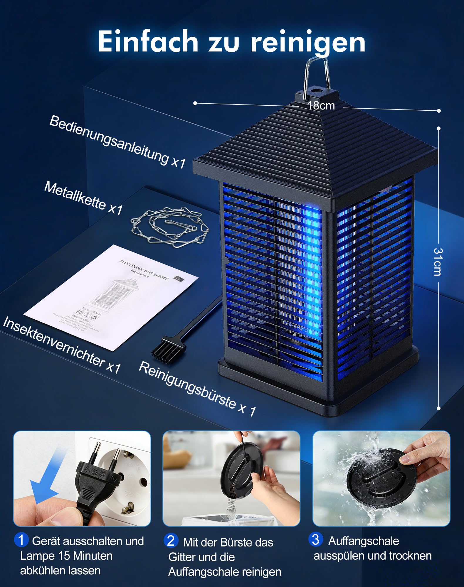 Insektenvernichter Elektrisch mit Lichtsensor, 4000V Mückenvernichter für Drinnen & Draußen, IPX4 wasserdichte UV-Insektenfalle, Reichweite 100 m² – Ideal für Terrasse, Garten, Garage