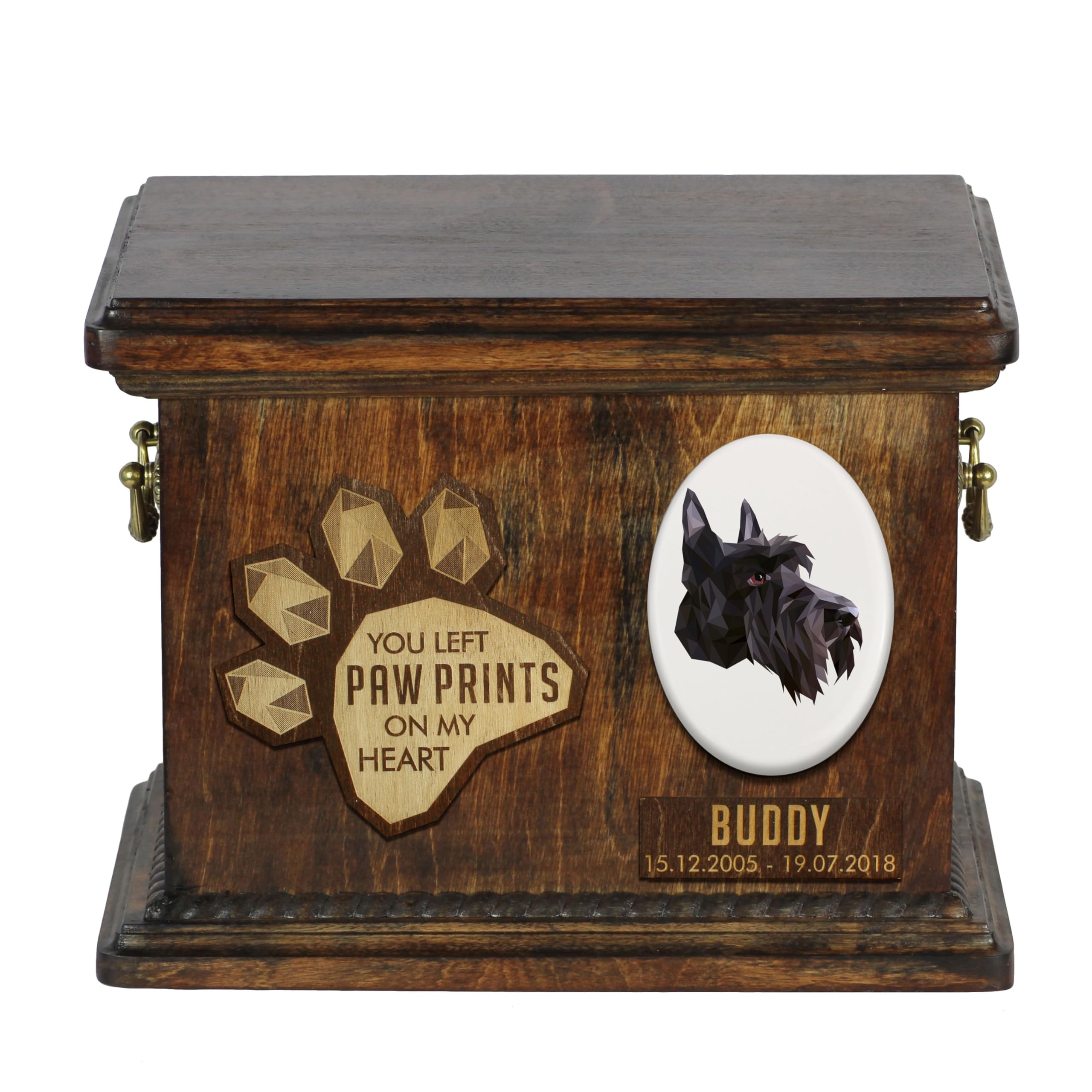 Art-Dog Custom Geometric Dog Memorial Urn - Handmade Wooden Urn – Decorative Ceramic Plate - Custom-made Dog Cremation Box for Ashes - 8,3x11,4x8,7” – Scottish Terrier — image 1