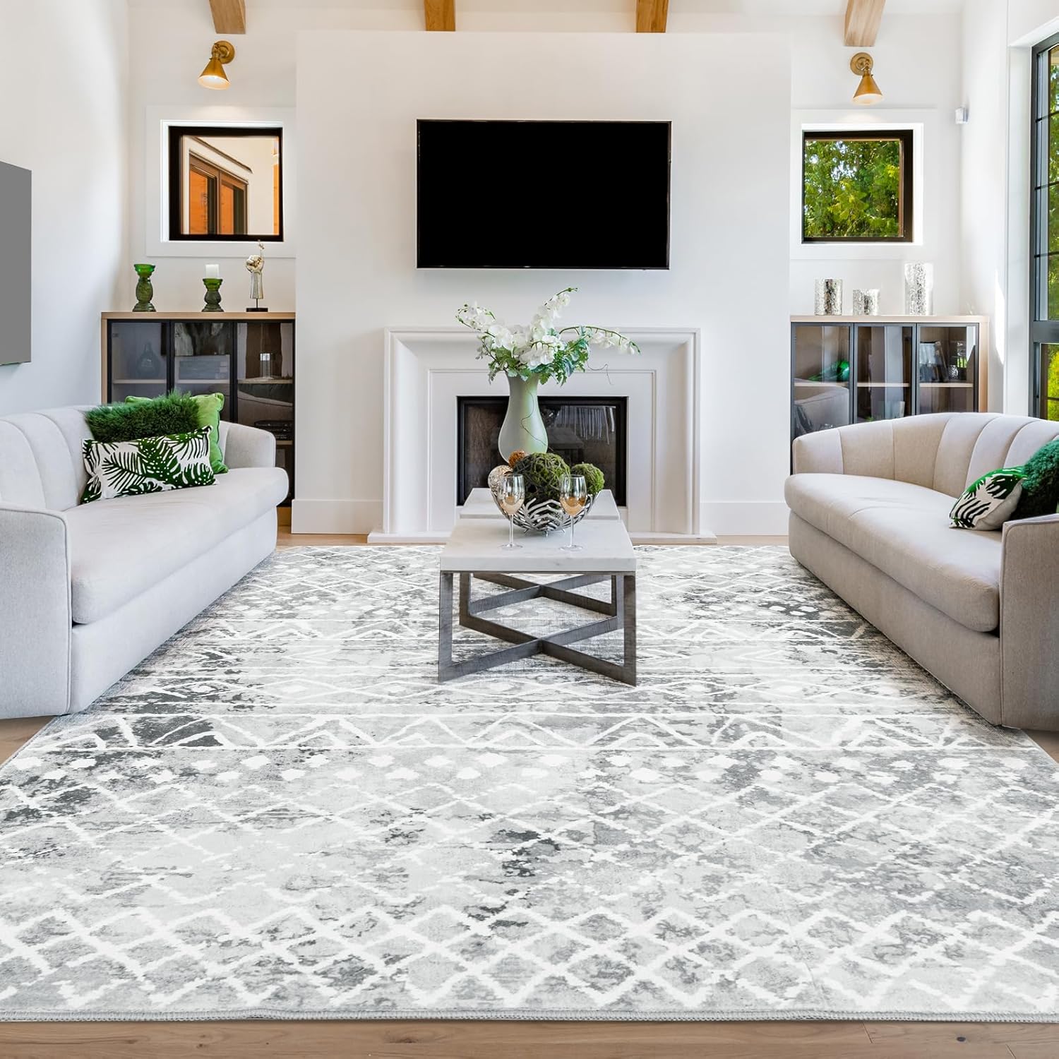 8x10 Washable Geometric Area Rug for Living Room Non Slip Boho Moroccan Bedroom Rug Indoor Farmhouse Floor Mat Soft Low Pile Woven Carpet for Classroom Office Under Dining Table(Gray)