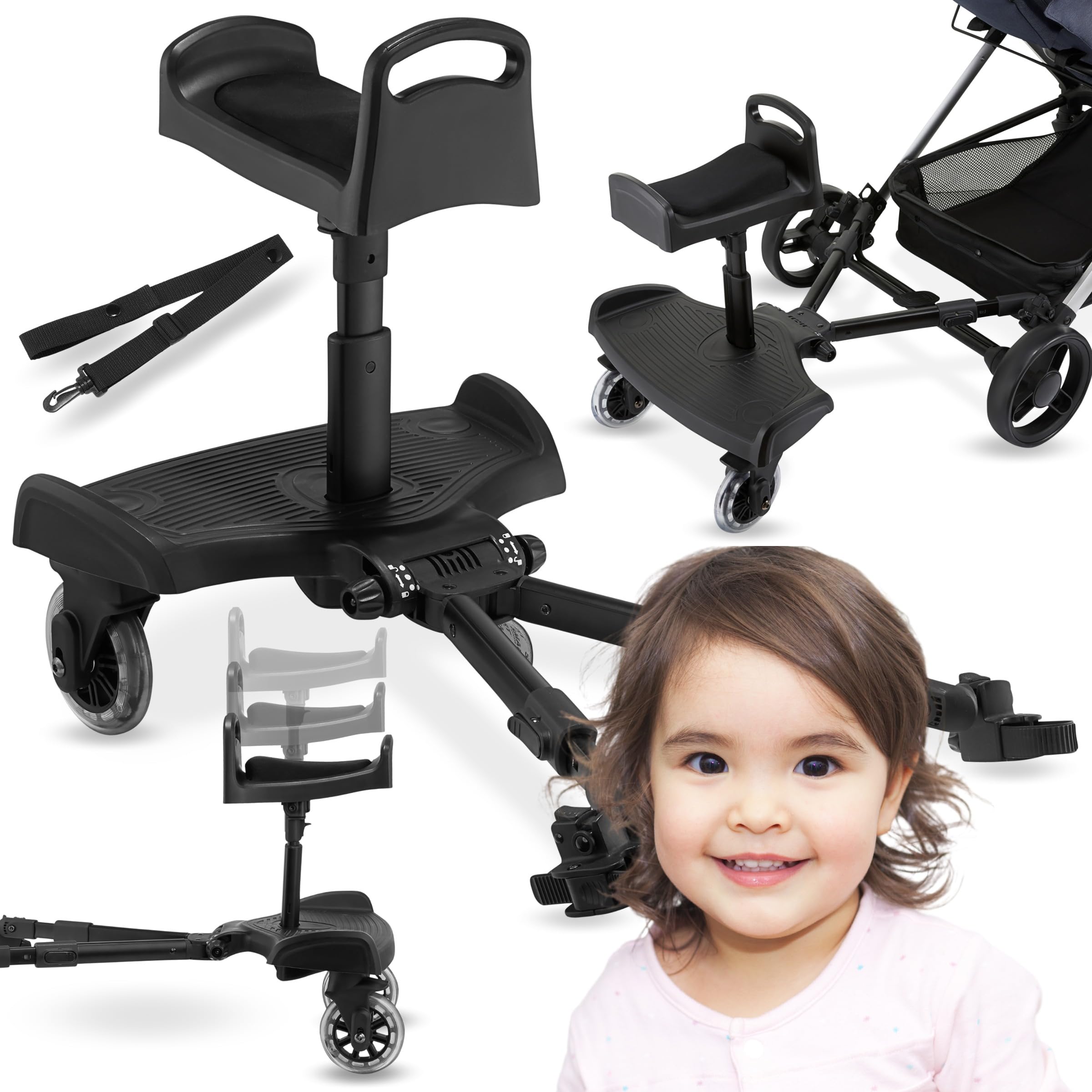 Moby-System BUGGY2GO Proveedor de cochecito con asiento ajustable, montaje universal, ruedas amortiguadas de 360°, para niños de 2 a 5 años, se adapta al 99,9% de los cochecitos, asiento de entrega