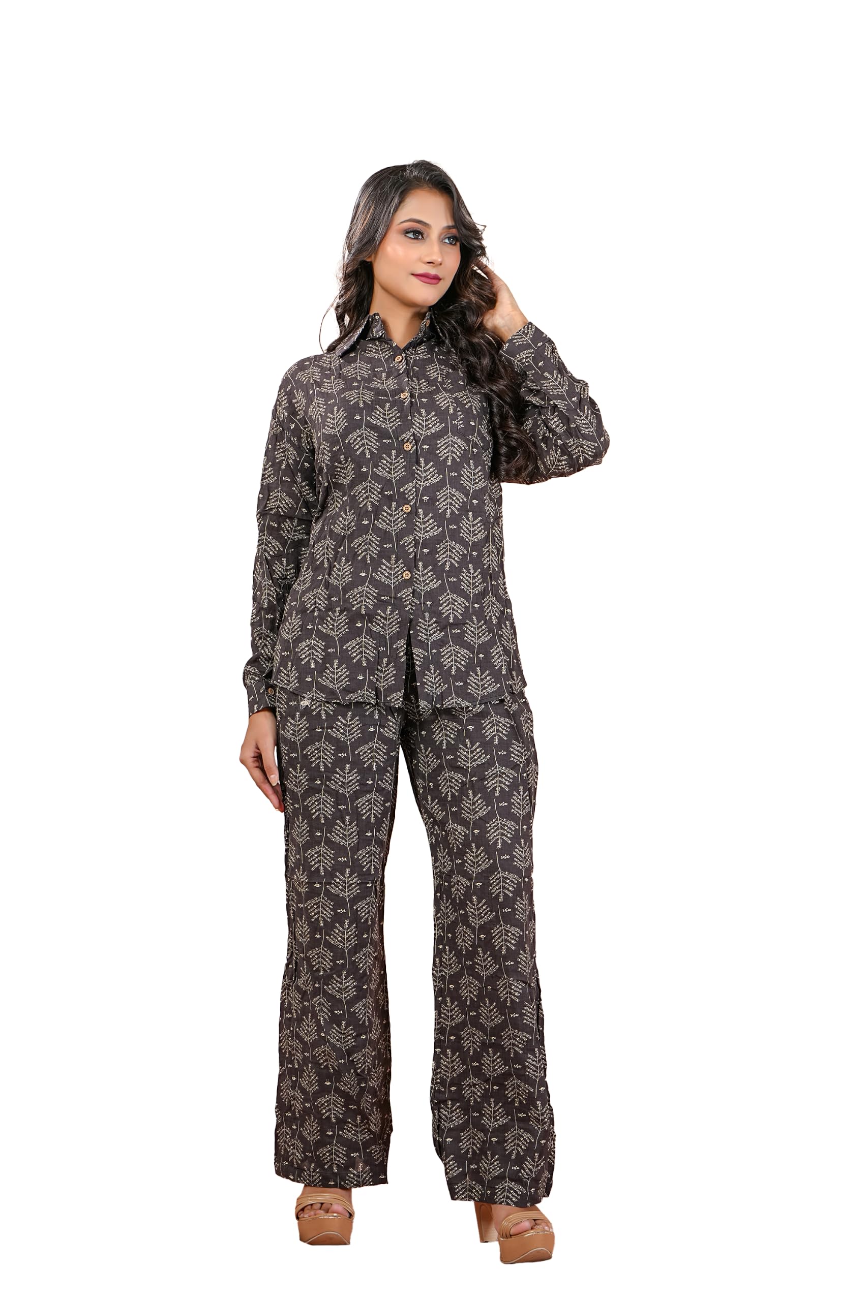 chevaux Stylish Printed Black Colour Co-Ord set With Leave Design for Women FullSleeve Shirt with Wide Leg Palazzo Pants Casual Fashion Outfit for Office Wear, Vacation, Brunch & Everyday Wear-picture-11